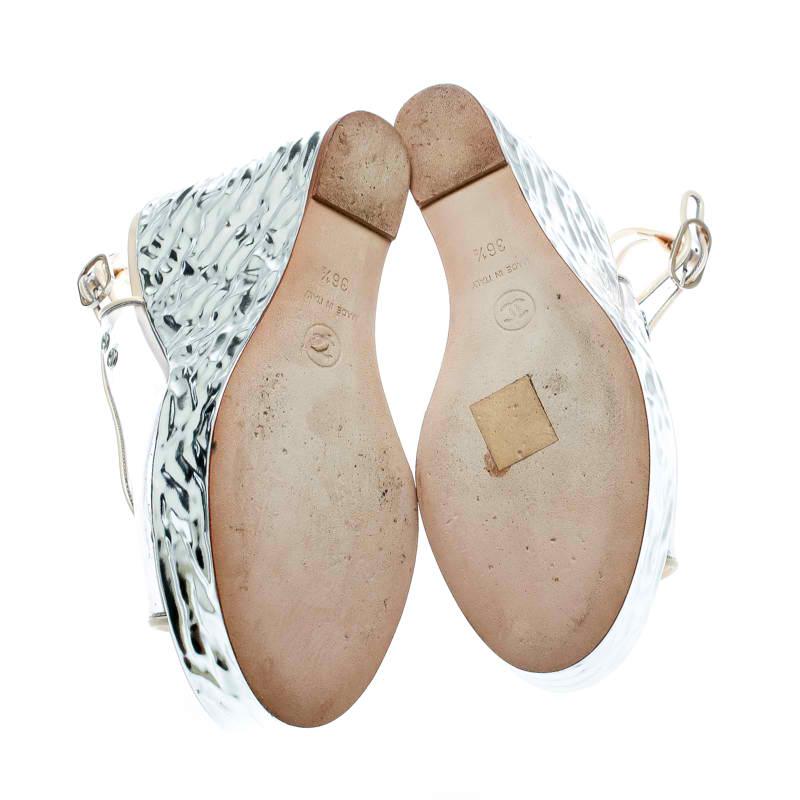 Chanel PVC Metallic Silver Wedge Heel Peep Toe Slingback Sandals Size 36.5 2