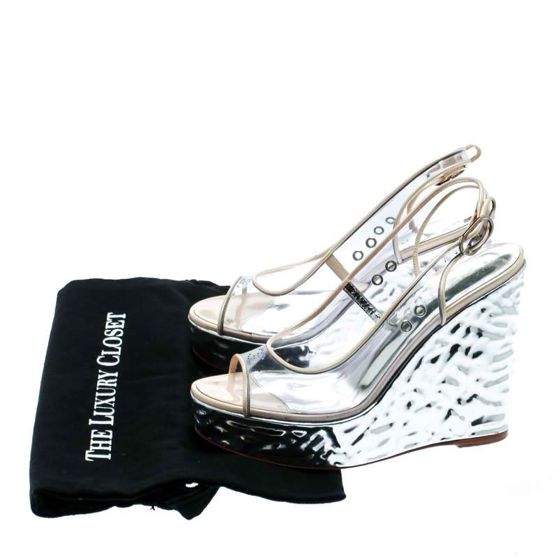 Chanel PVC Metallic Silver Wedge Heel Peep Toe Slingback Sandals Size 36.5 3