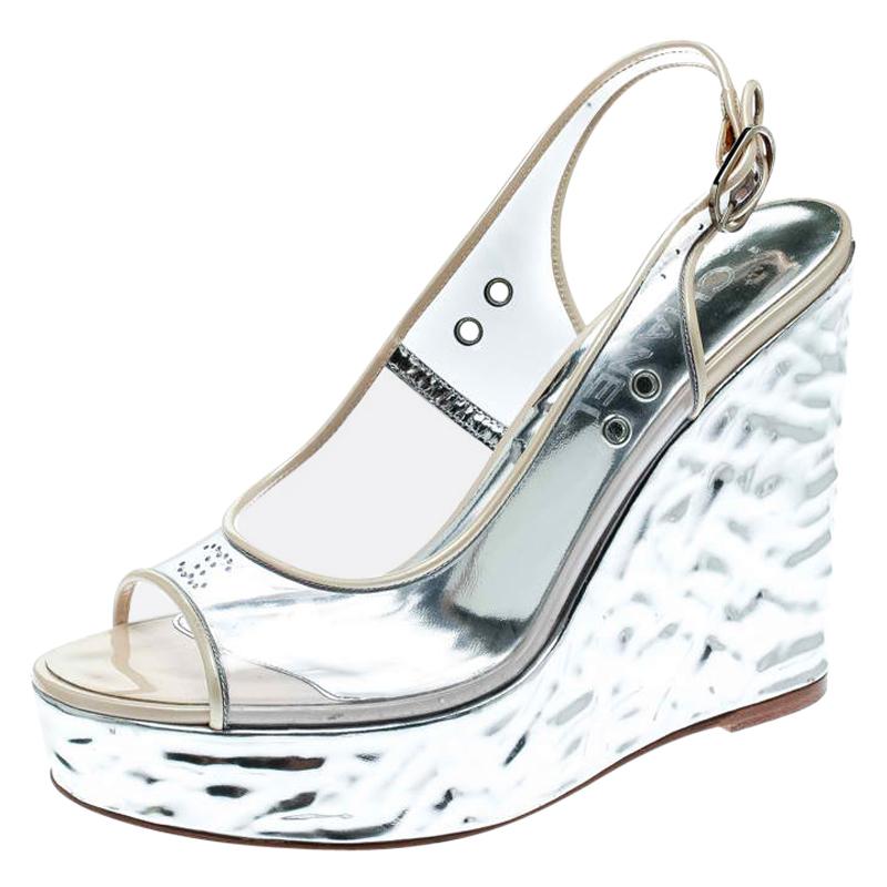 Chanel PVC Metallic Silver Wedge Heel Peep Toe Slingback Sandals Size 36.5