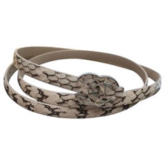 CHANEL Python Cream Brown Snake & Leather Skinny CC Logo Belt