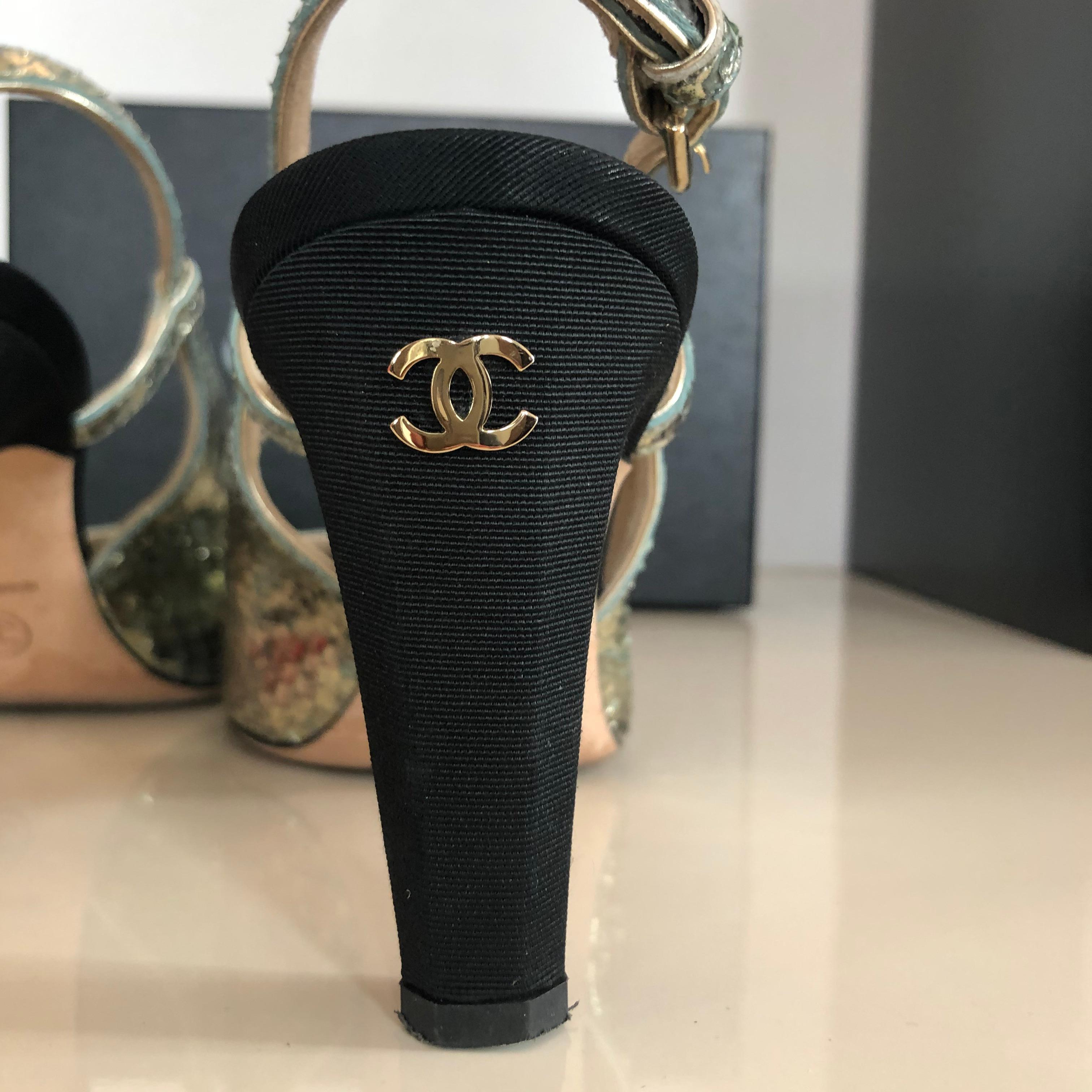 Brown Chanel Python Effect Fabric And CC Logo Slingbacks 