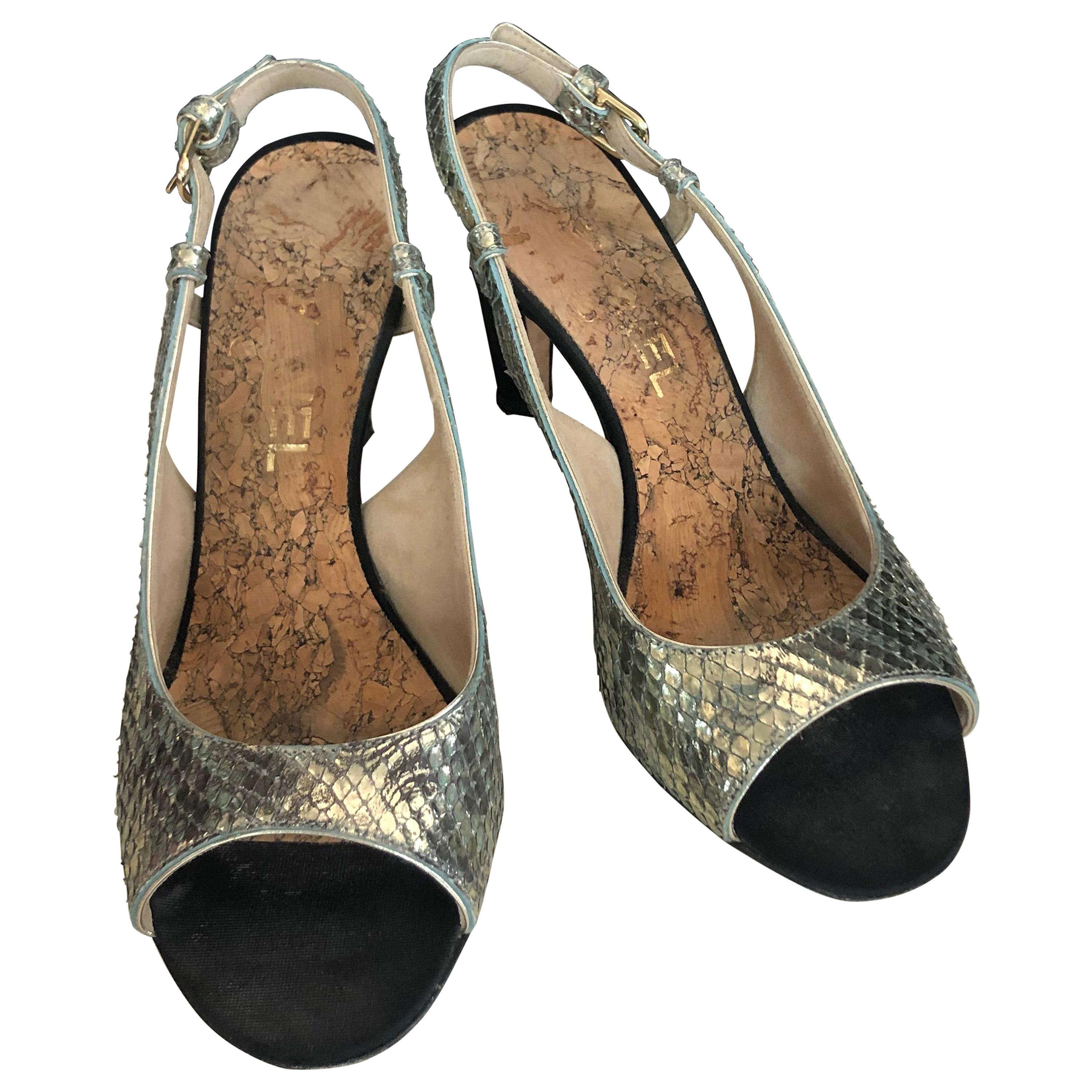 Chanel Python Effect Fabric And CC Logo Slingbacks