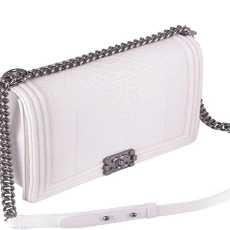 Chanel Python Leather Boy Bag in White For Sale 3