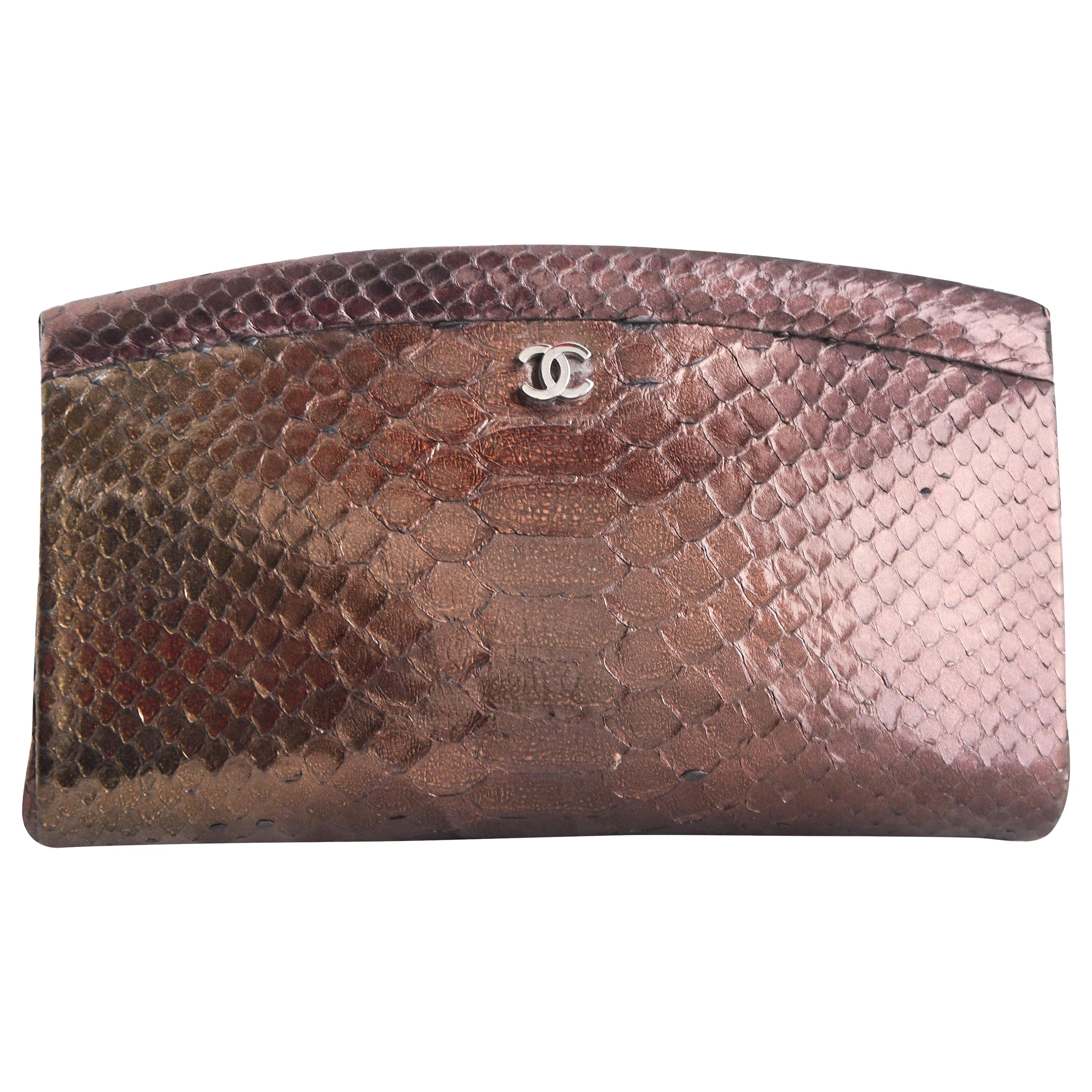 Chanel Python Metallic Bronze Clutch With Top Closure For Sale