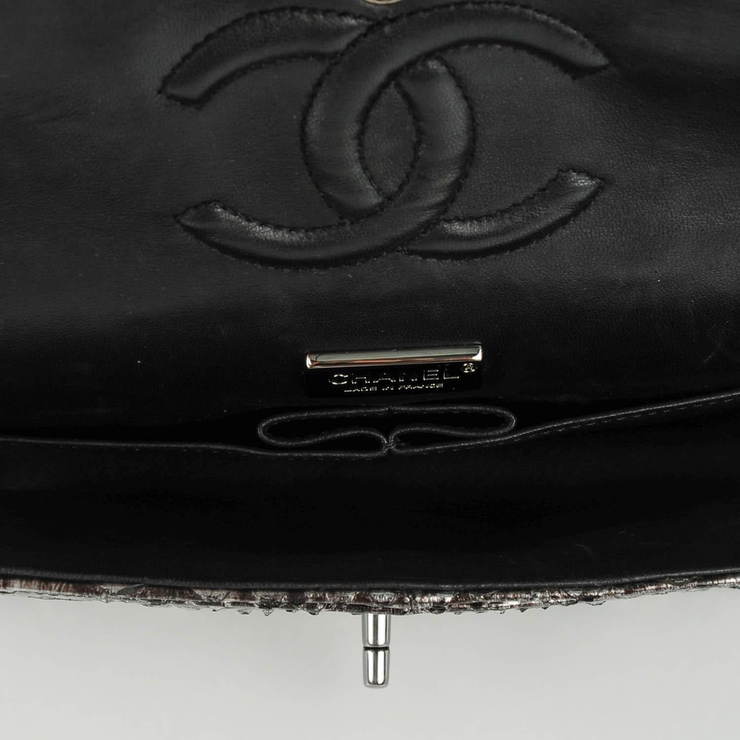 Chanel Python Skin Charcoal Grey Classic Flap with Sequin and Beads Shoulder Bag For Sale 5
