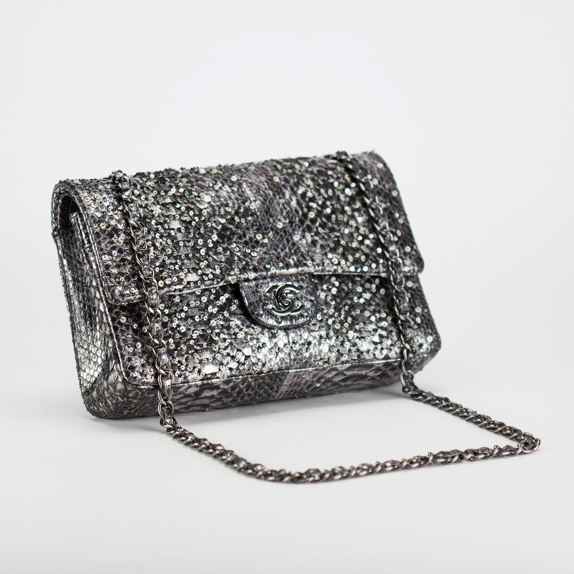 Black Chanel Python Skin Charcoal Grey Classic Flap with Sequin and Beads Shoulder Bag For Sale