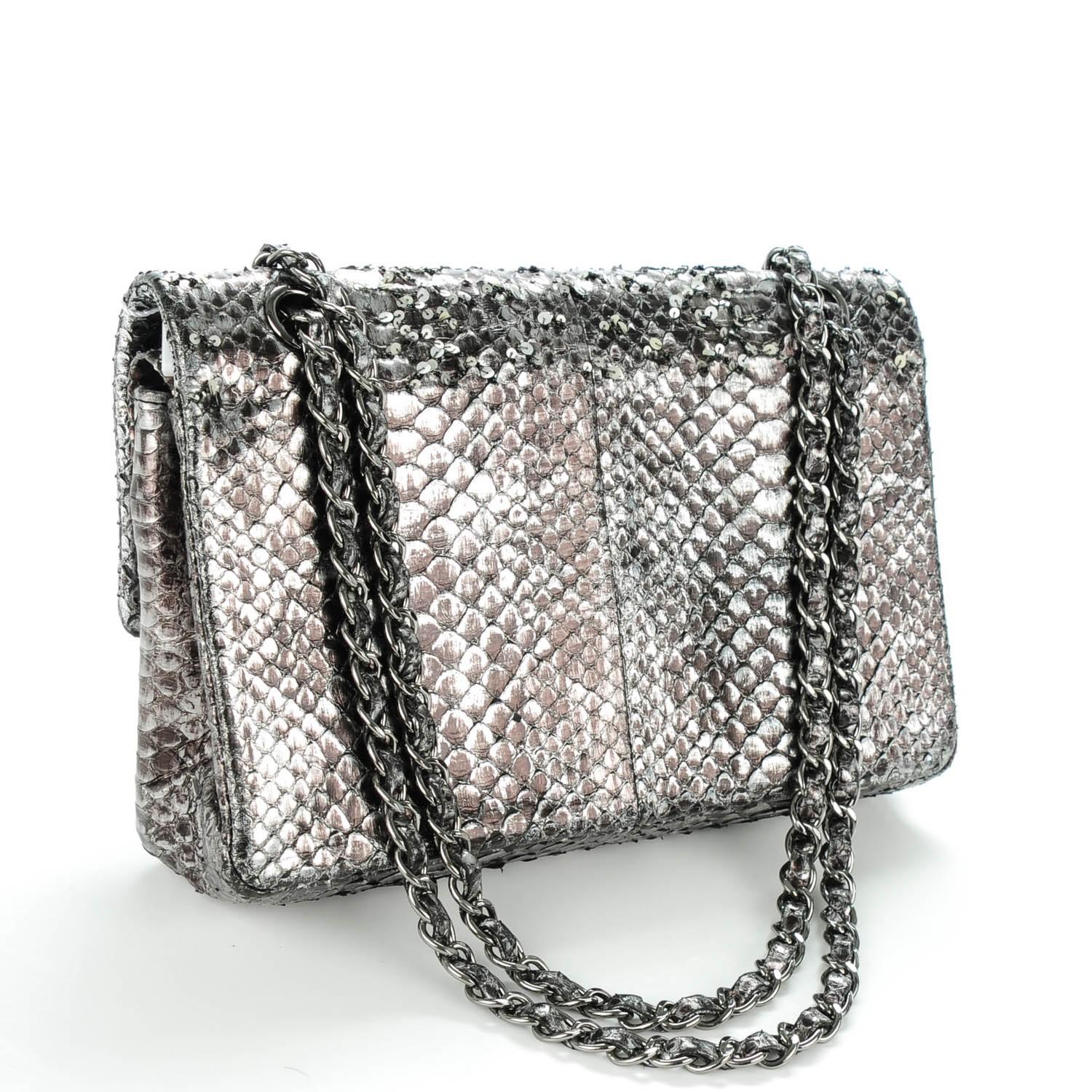 Women's or Men's Chanel Python Skin Charcoal Grey Classic Flap with Sequin and Beads Shoulder Bag For Sale