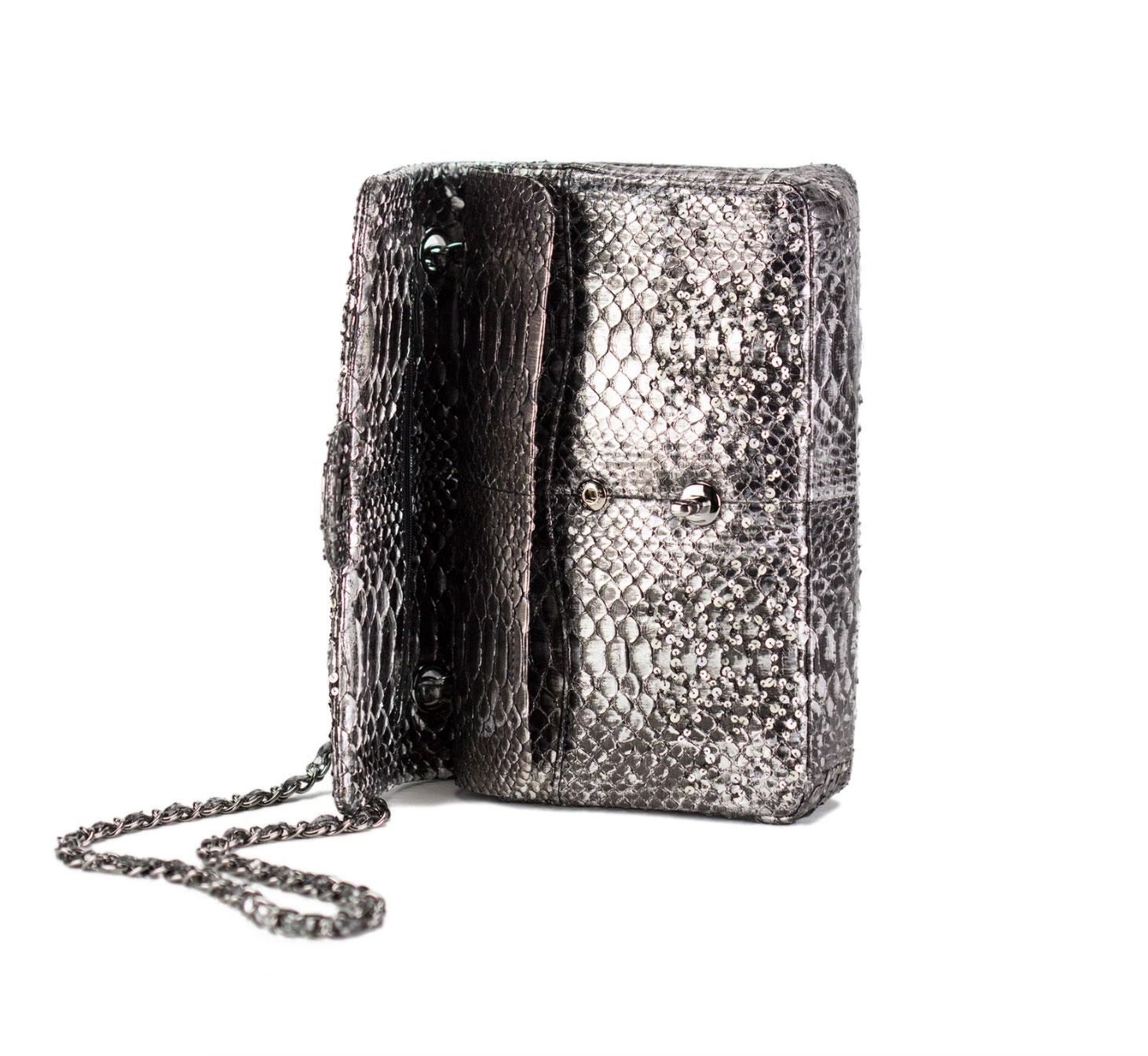 Chanel Python Skin Charcoal Grey Classic Flap with Sequin and Beads Shoulder Bag For Sale 1