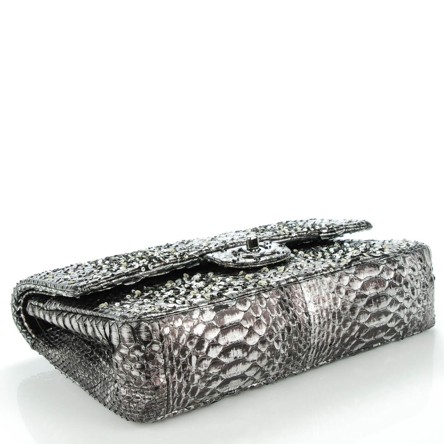 Chanel Python Skin Charcoal Grey Classic Flap with Sequin and Beads Shoulder Bag For Sale 2