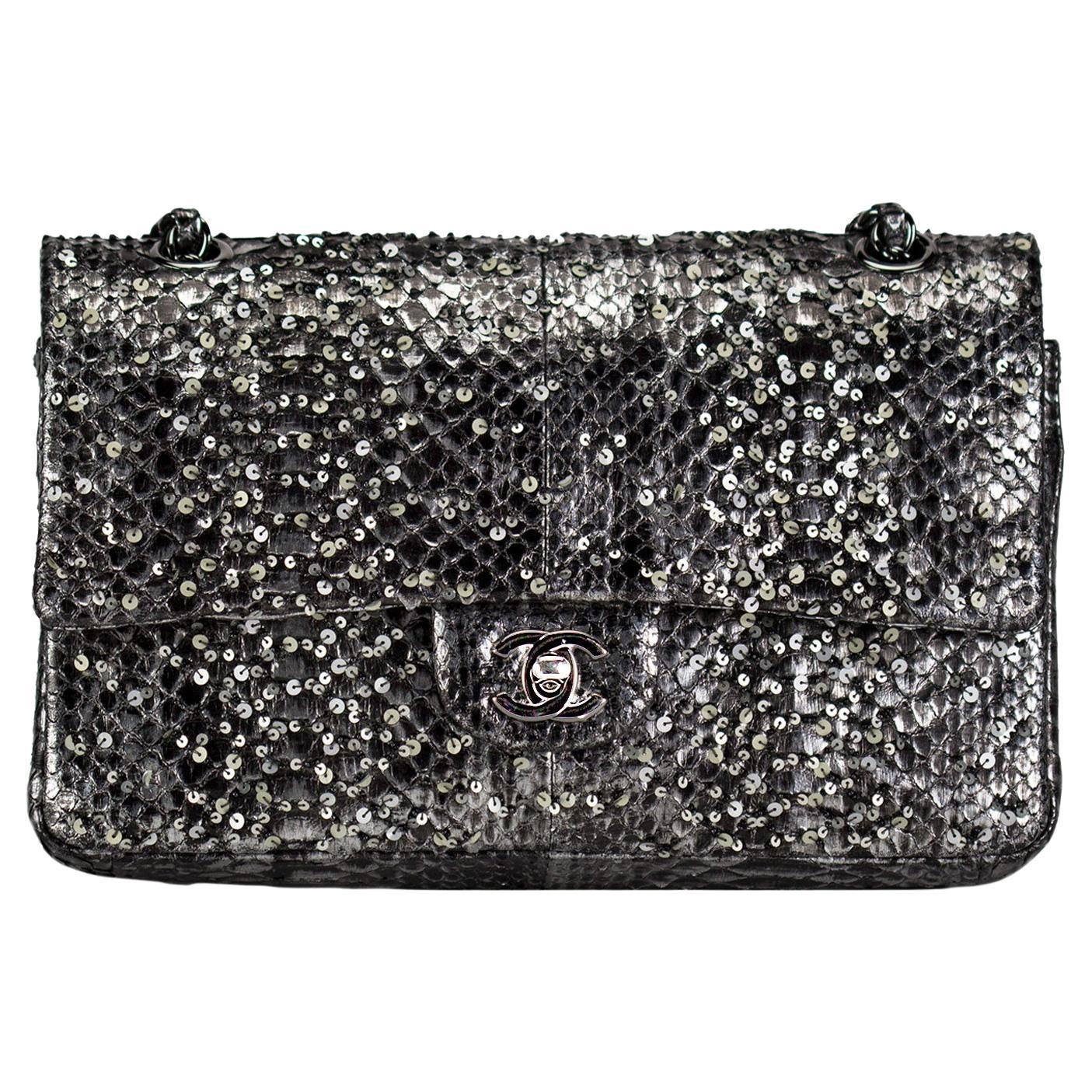 Chanel Python Skin Charcoal Grey Classic Flap with Sequin and Beads Shoulder Bag For Sale 3