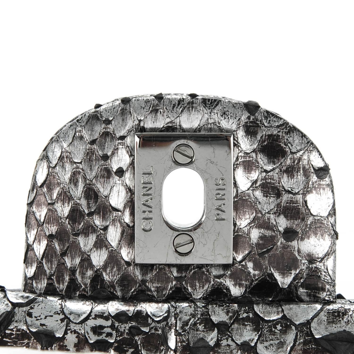 Chanel Python Skin Charcoal Grey Classic Flap with Sequin and Beads Shoulder Bag For Sale 4
