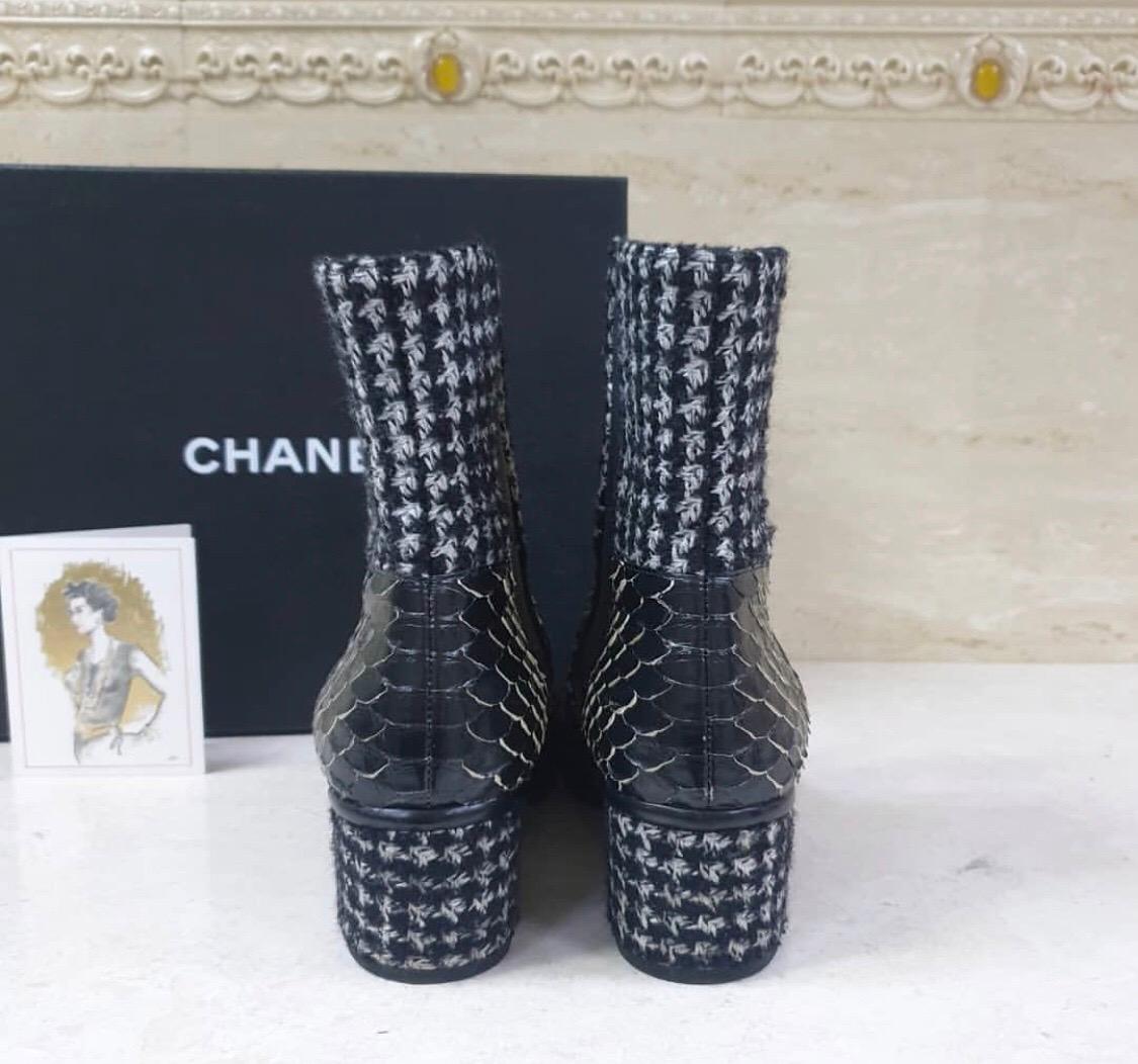 Black Chanel Python-Trimmed Tweed Ankle Boots