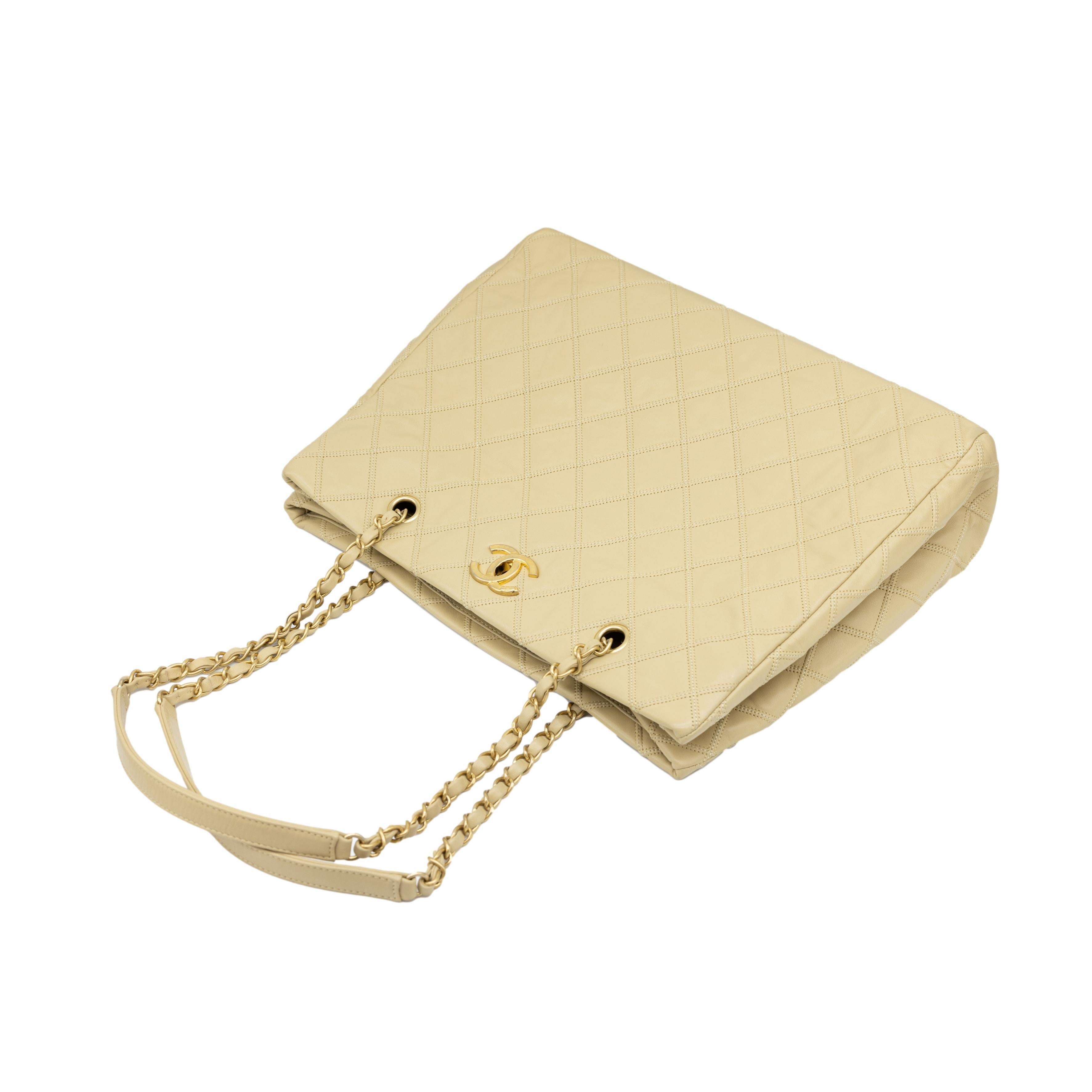 Chanel Quilted Beige Calfskin Thin City Accordion Turnlock Large Tote Bag, 2013. From the 2012-2013 Collection, this Chanel shoulder bag is crafted from premium triple stitched, diamond quilted calfskin and Chanel's most luxurious lambskin leather