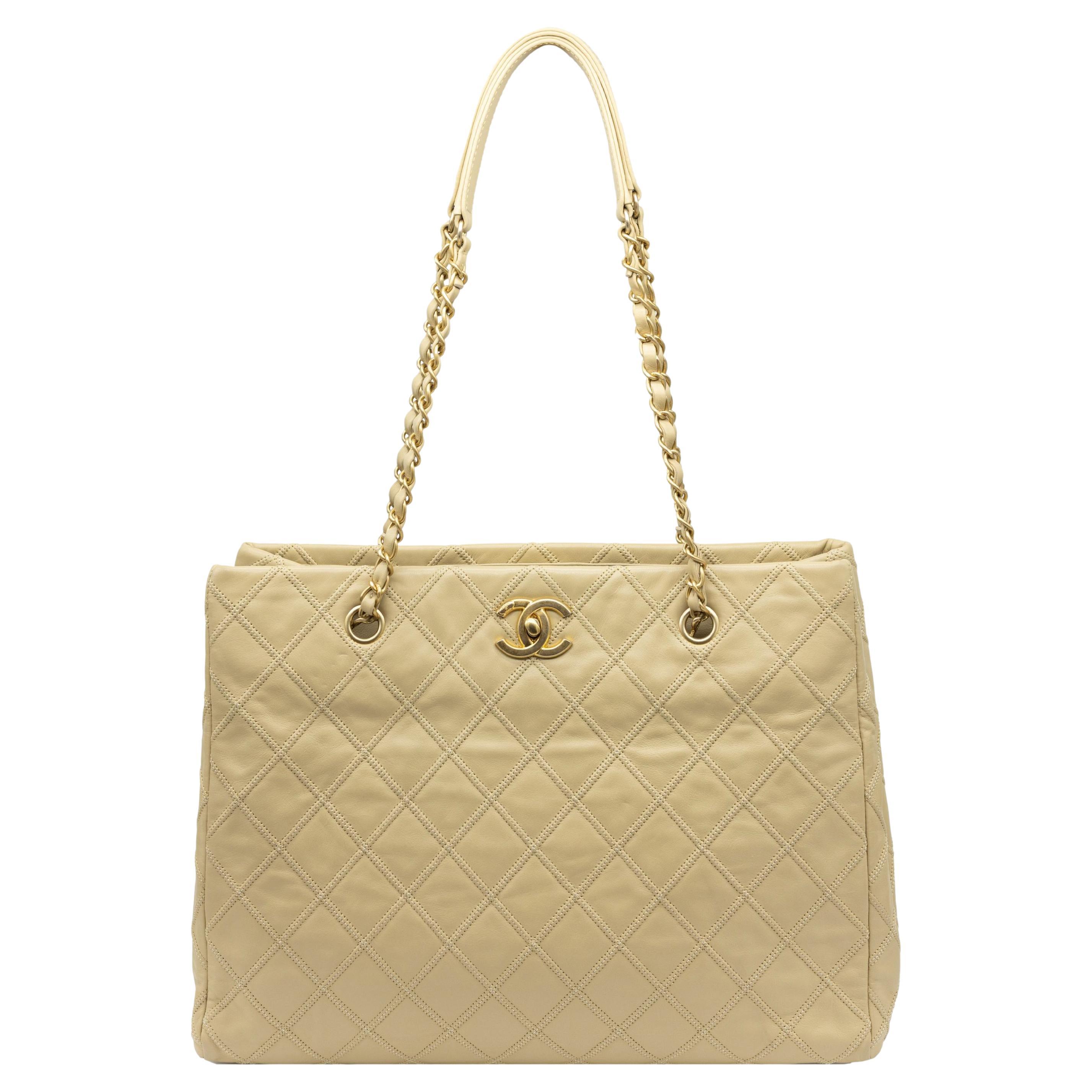 Chanel Quilted Beige Calfskin Thin City Accordion Turnlock Large Tote Bag, 2013.