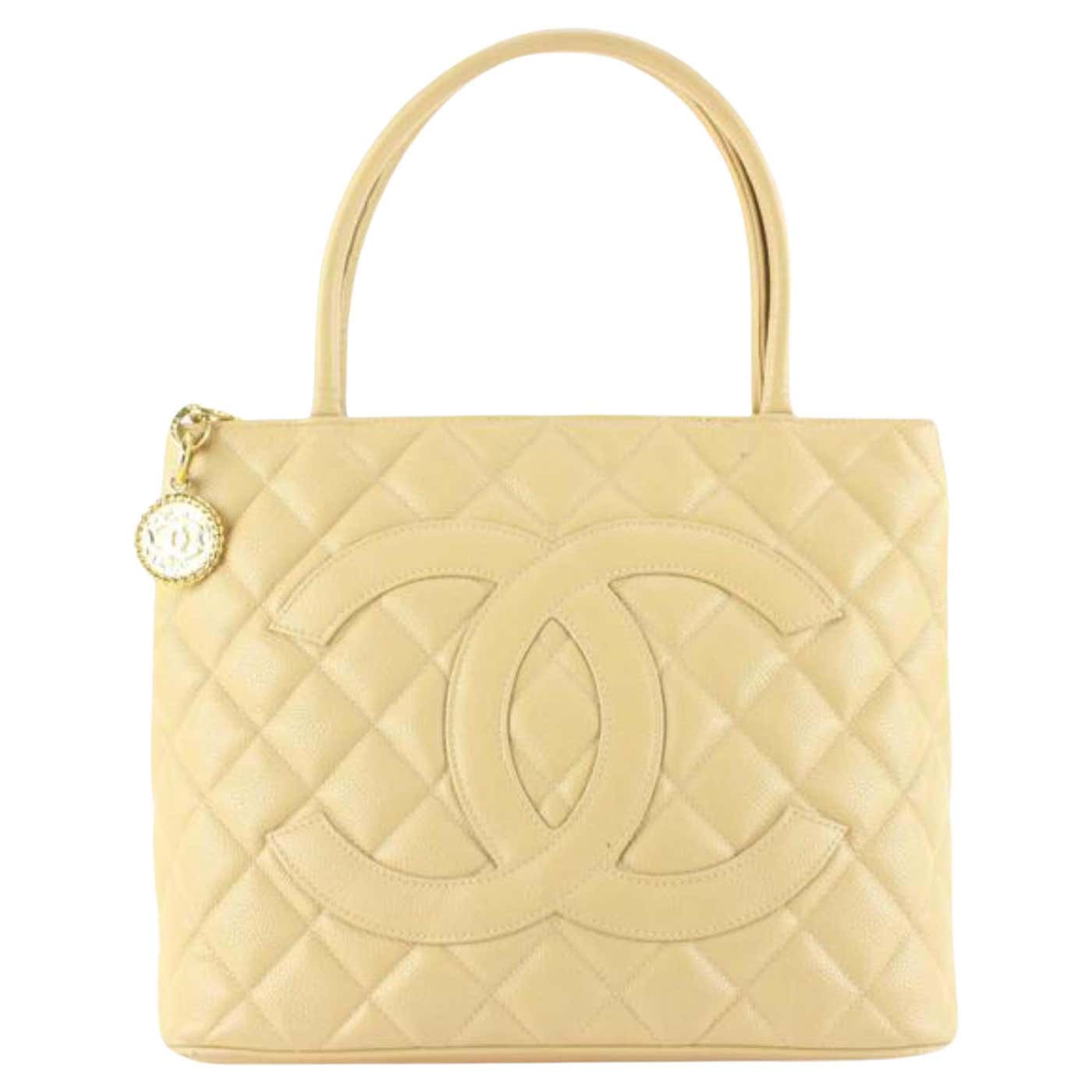 Chanel Quilted Beige Caviar Leather Medallion Tote Bag 90cc89s For Sale ...