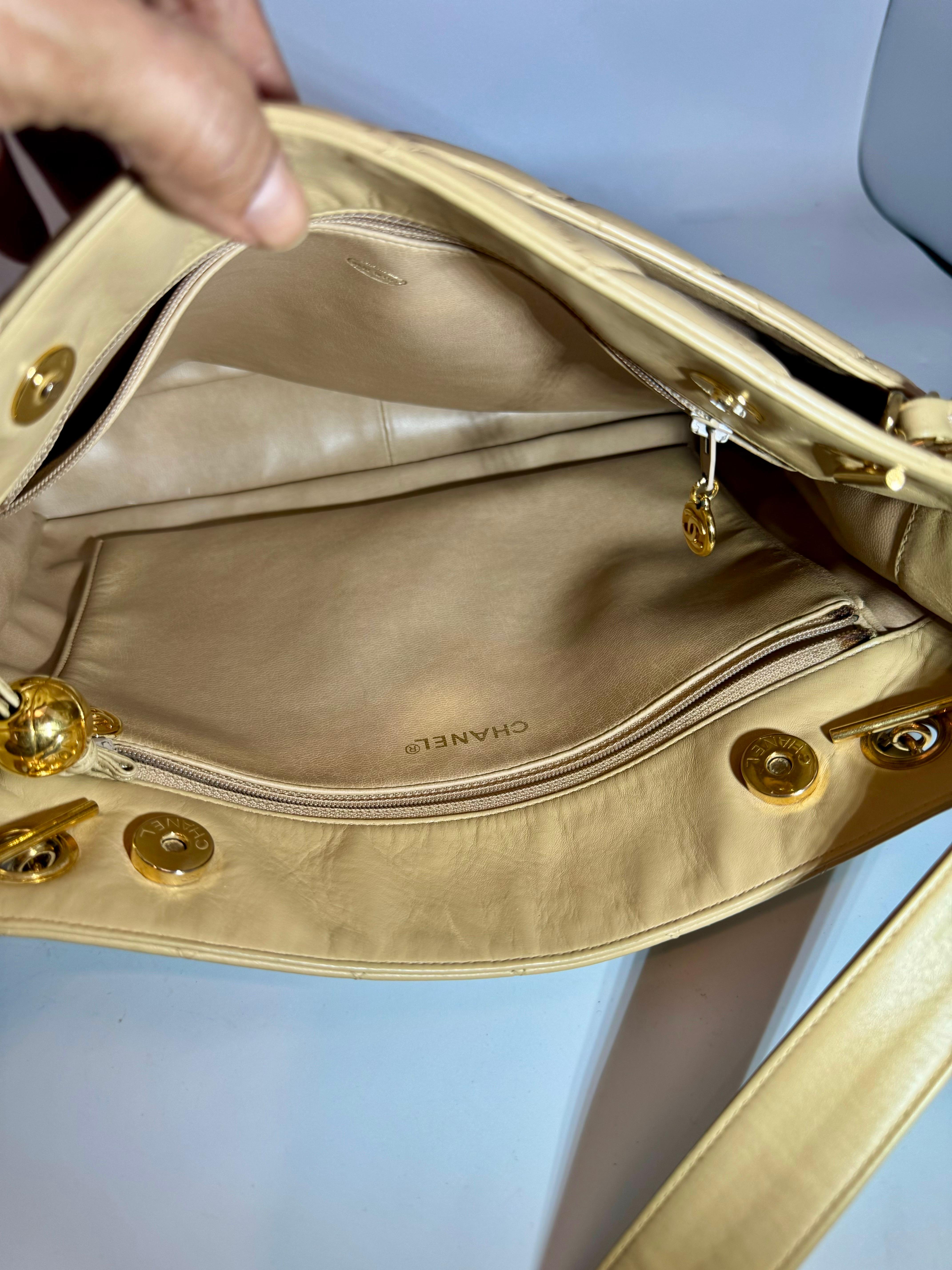 Chanel Quilted Beige/ Cream Lamb Skin Grand Shopper Chain Tote, Golden Hardware For Sale 7