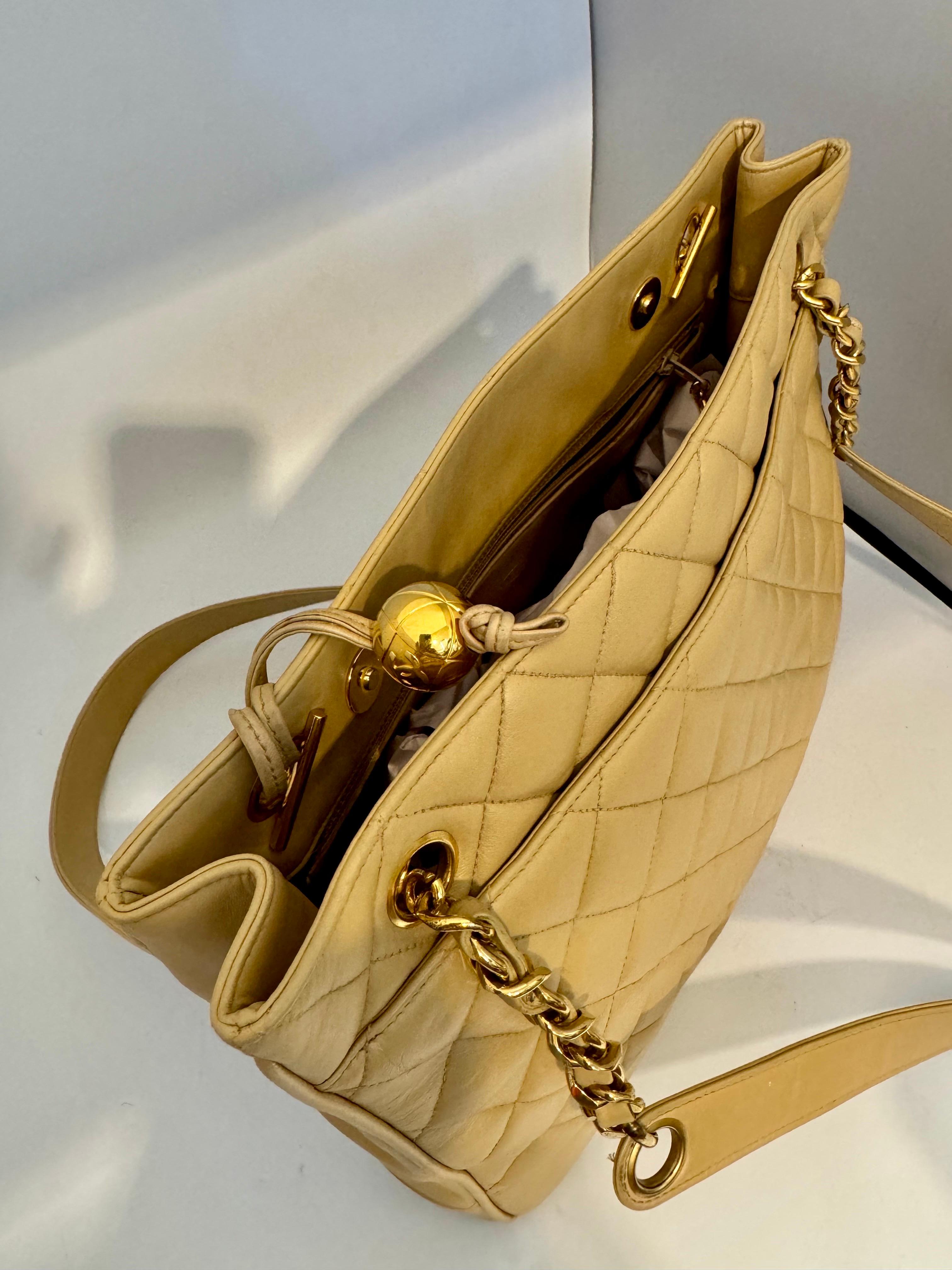 Brown Chanel Quilted Beige/ Cream Lamb Skin Grand Shopper Chain Tote, Golden Hardware For Sale