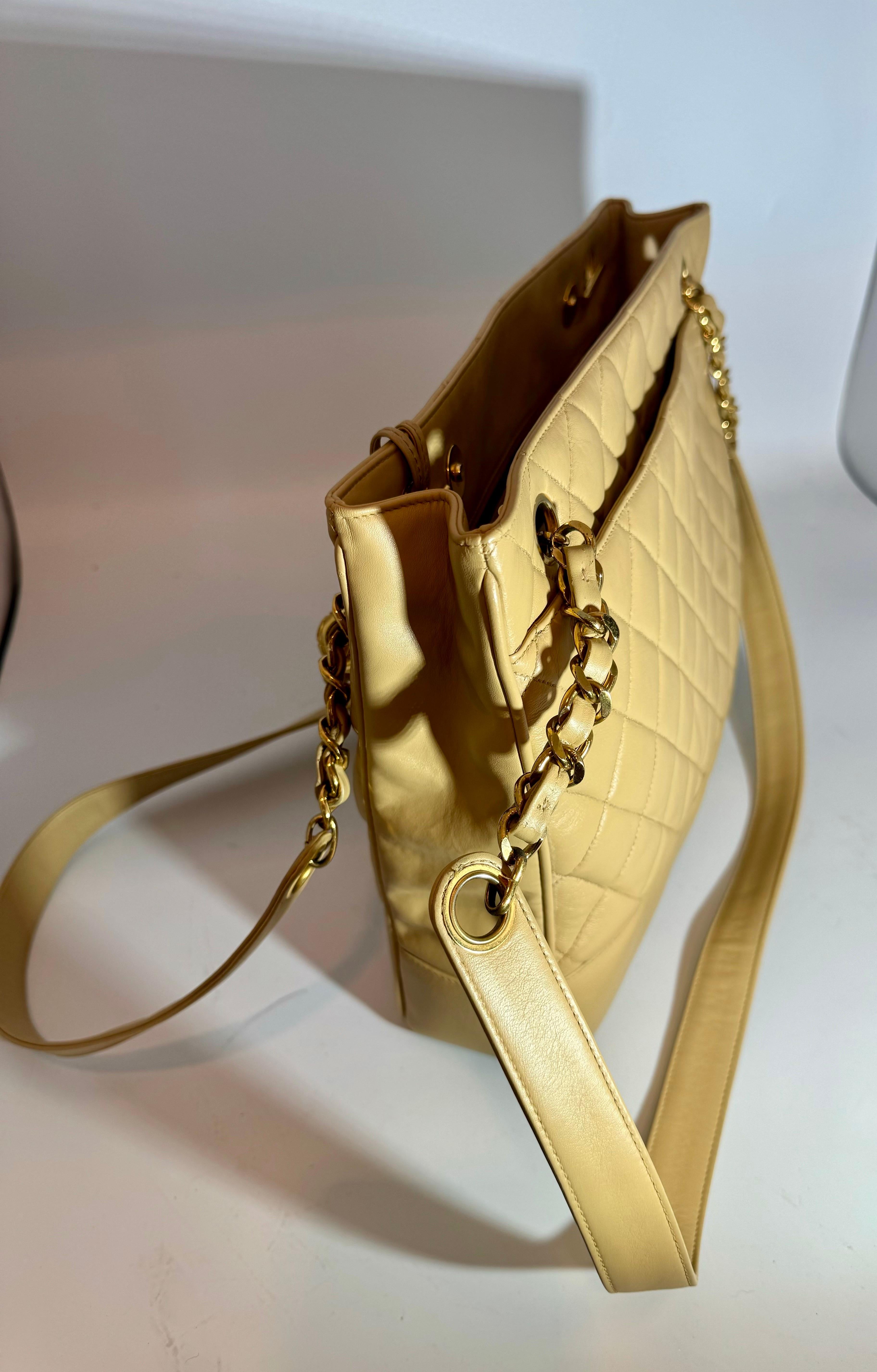 Chanel Quilted Beige/ Cream Lamb Skin Grand Shopper Chain Tote, Golden Hardware For Sale 1