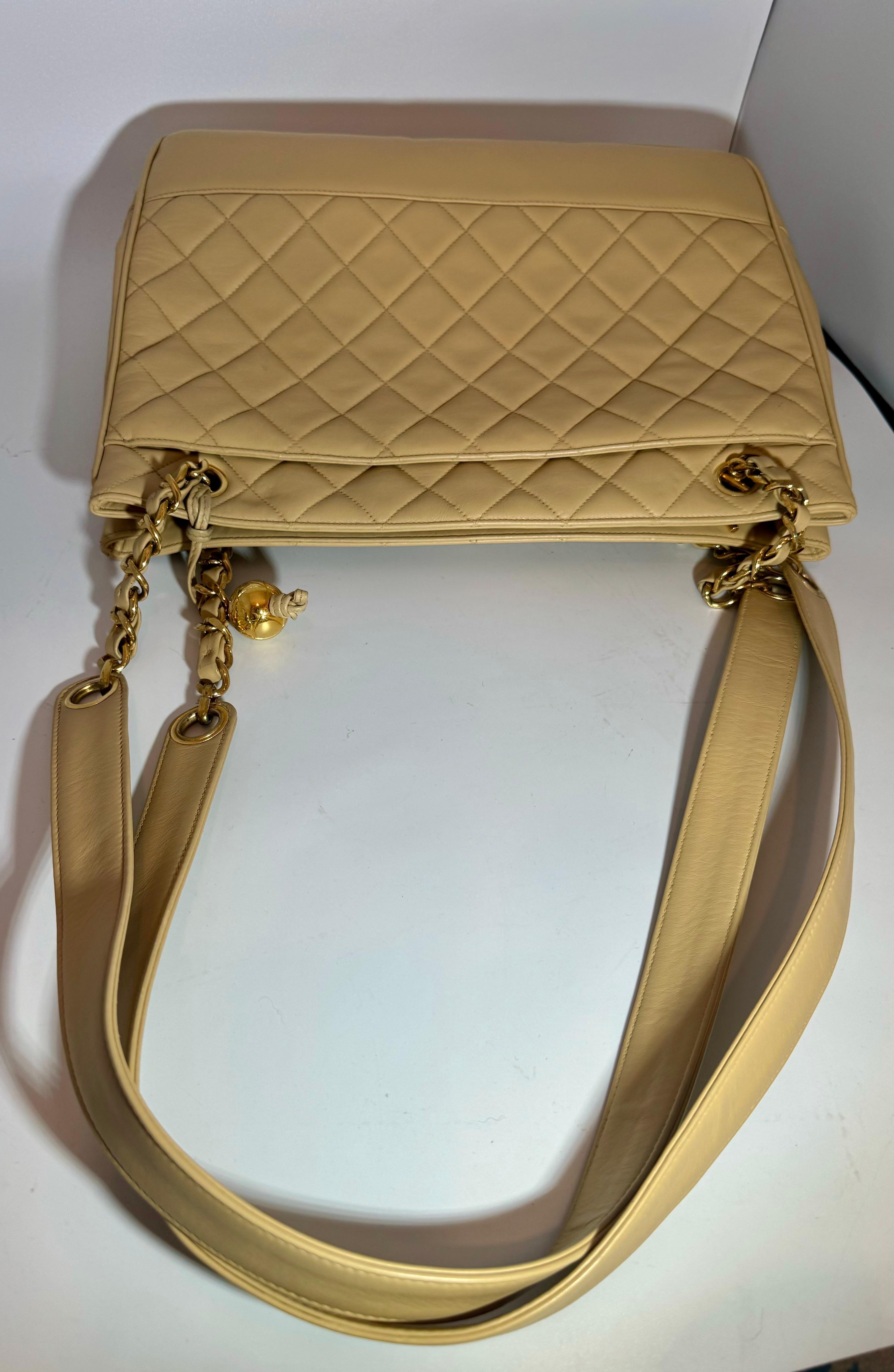 Chanel Quilted Beige/ Cream Lamb Skin Grand Shopper Chain Tote, Golden Hardware For Sale 2