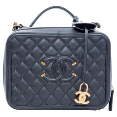 Vintage Chanel Quilted Black Caviar CC Filigree Vanity Case Bag 2018