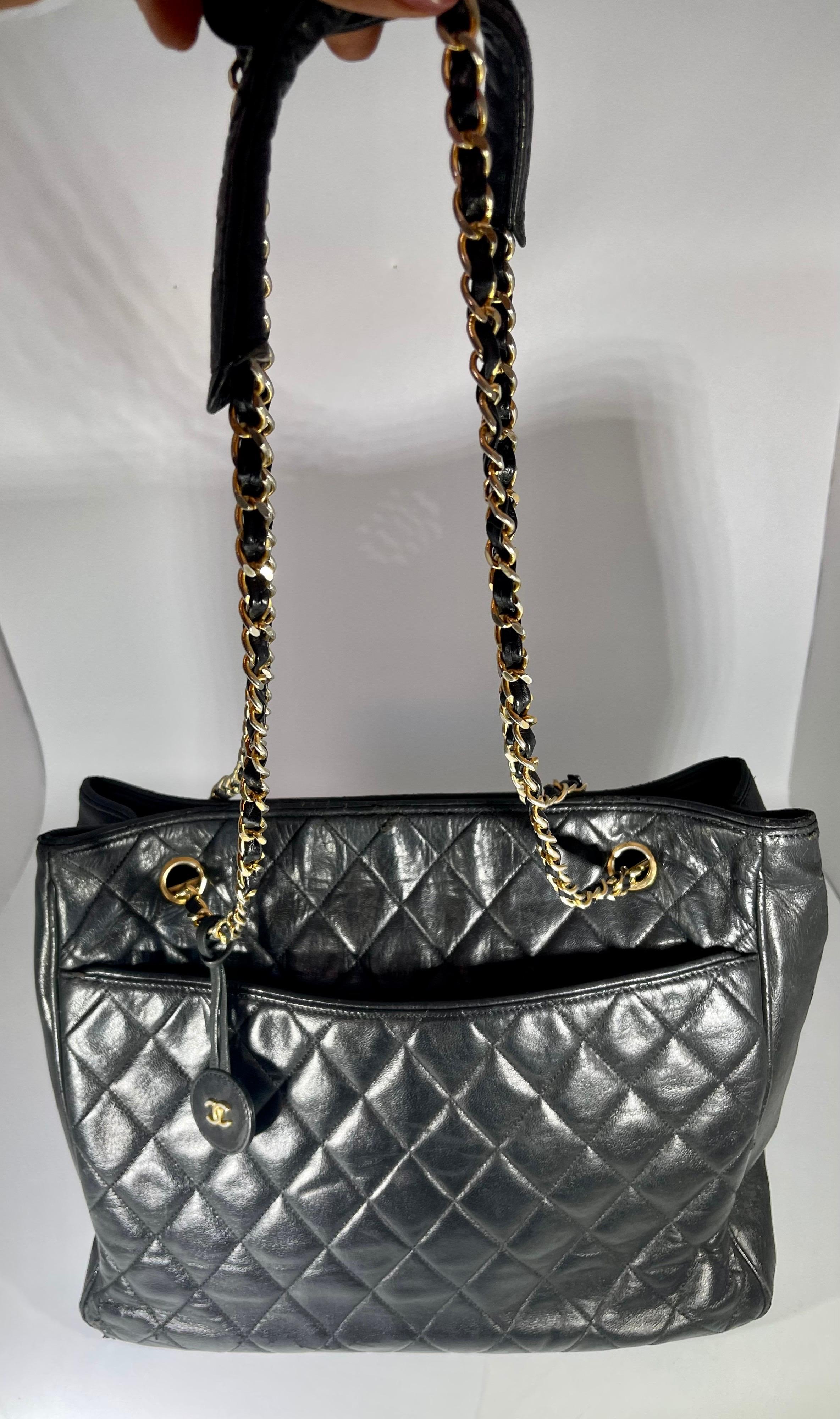 Chanel Quilted Black Caviar Skin Grand Shopper Chain Tote, Golden Hardware For Sale 9