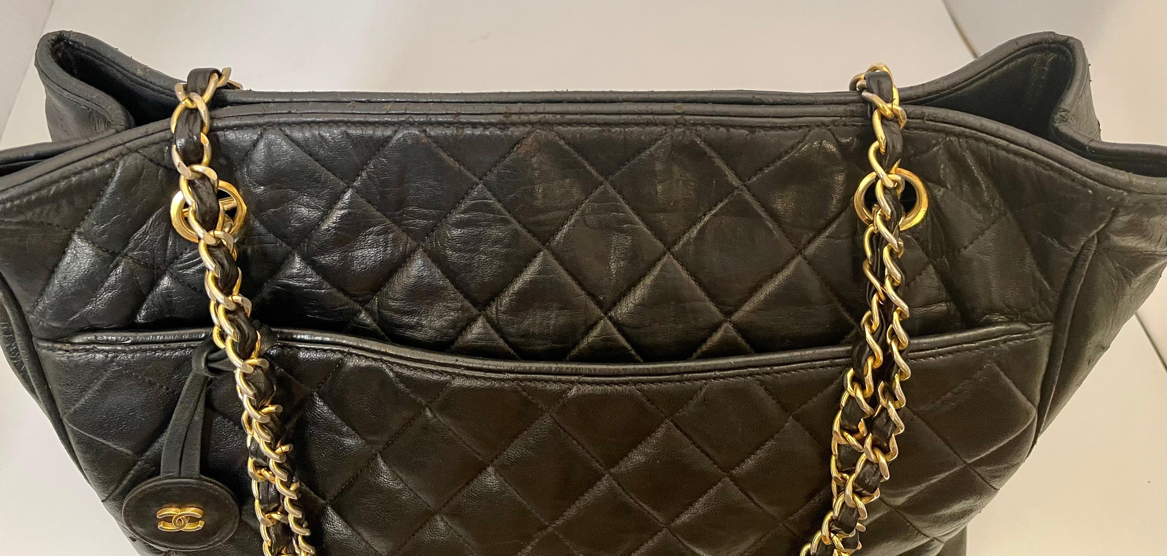 Chanel Quilted Black Caviar Skin Grand Shopper Chain Tote, Golden Hardware In Good Condition For Sale In New York, NY