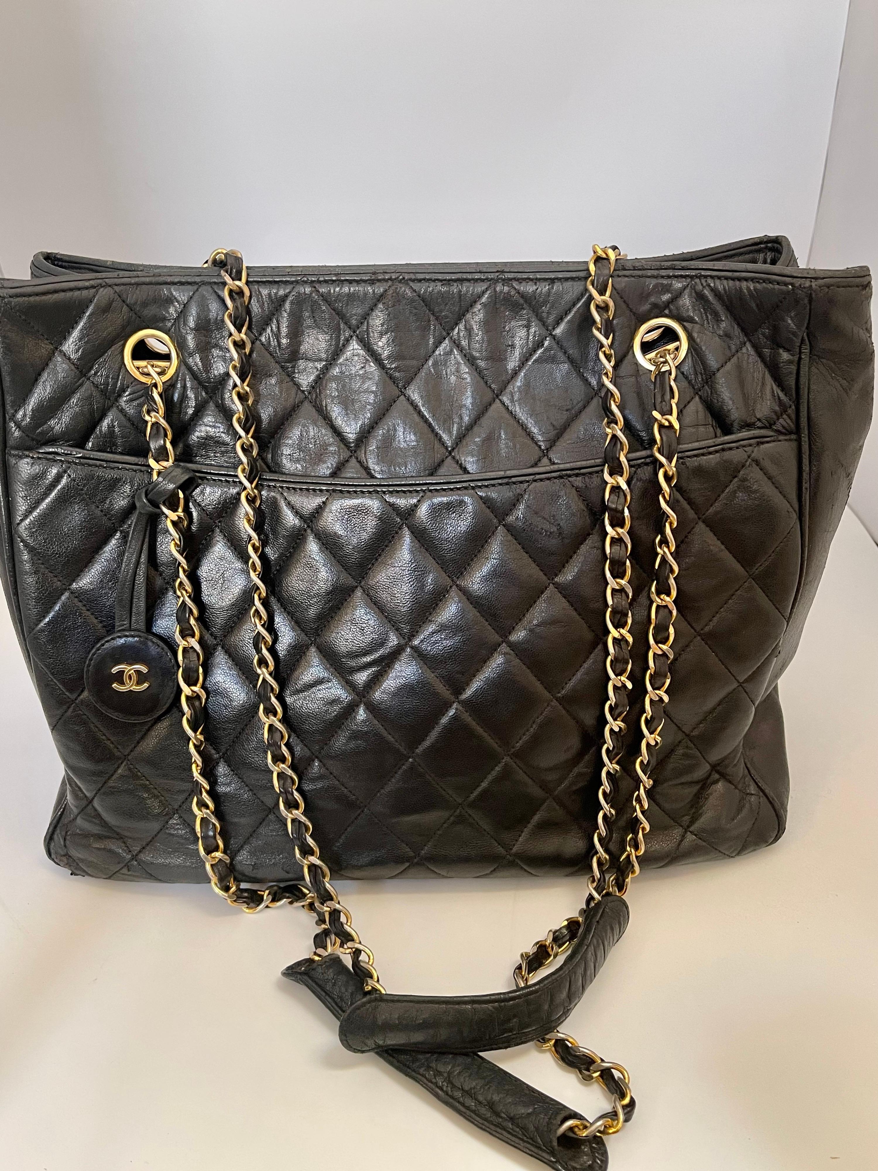 Chanel Quilted Black Caviar Skin Grand Shopper Chain Tote, Golden Hardware For Sale 1