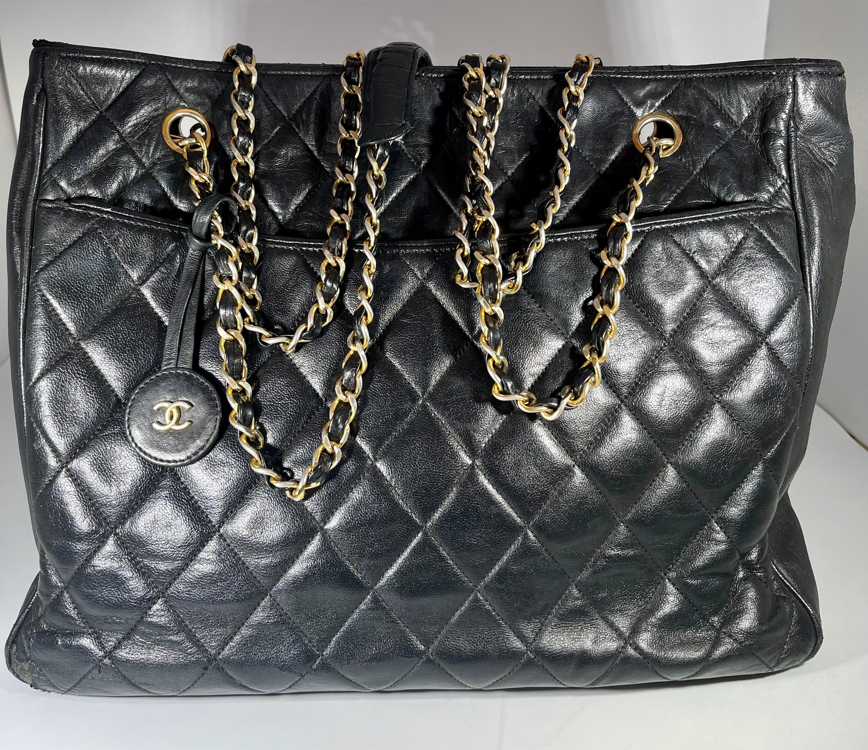 Chanel Quilted Black Caviar Skin Grand Shopper Chain Tote, Golden Hardware For Sale 5