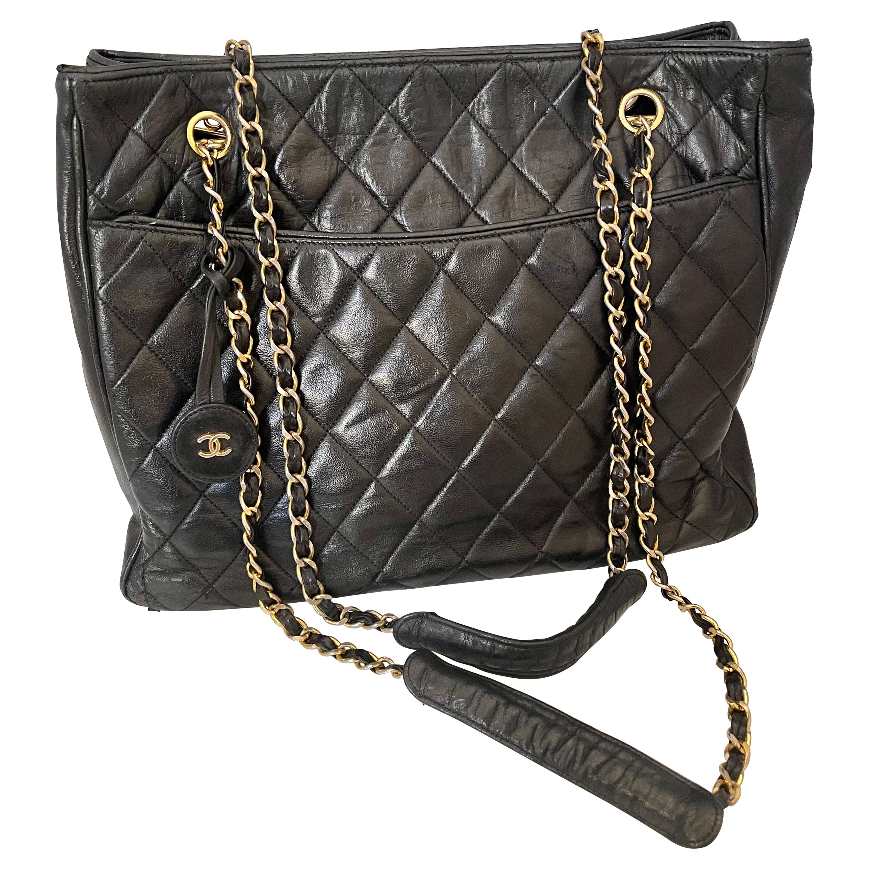 Chanel Quilted Black Caviar Skin Grand Shopper Chain Tote, Golden Hardware For Sale