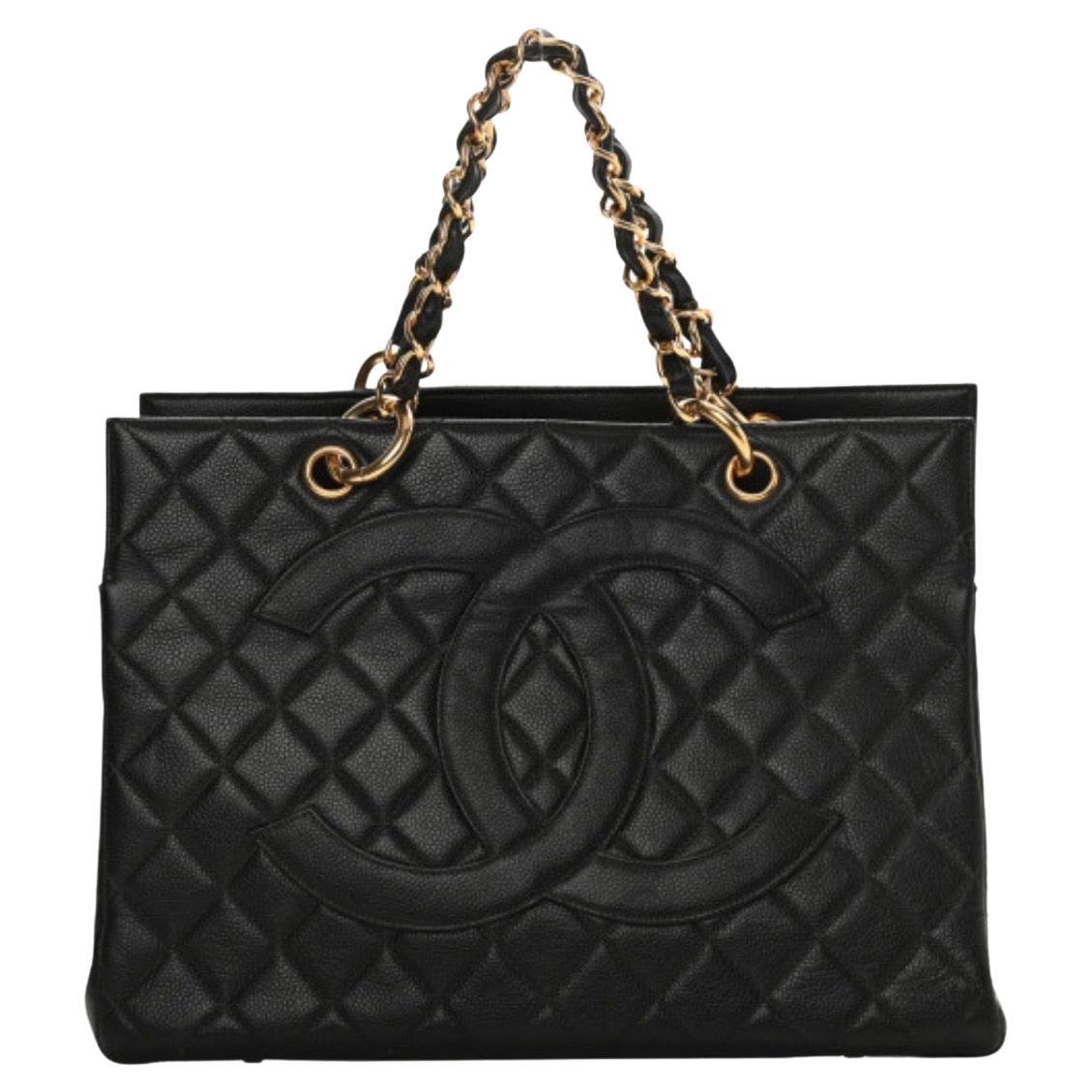 Chanel Quilted Black Caviar Skin Grand Shopper Chain Tote, Golden Hardware For Sale