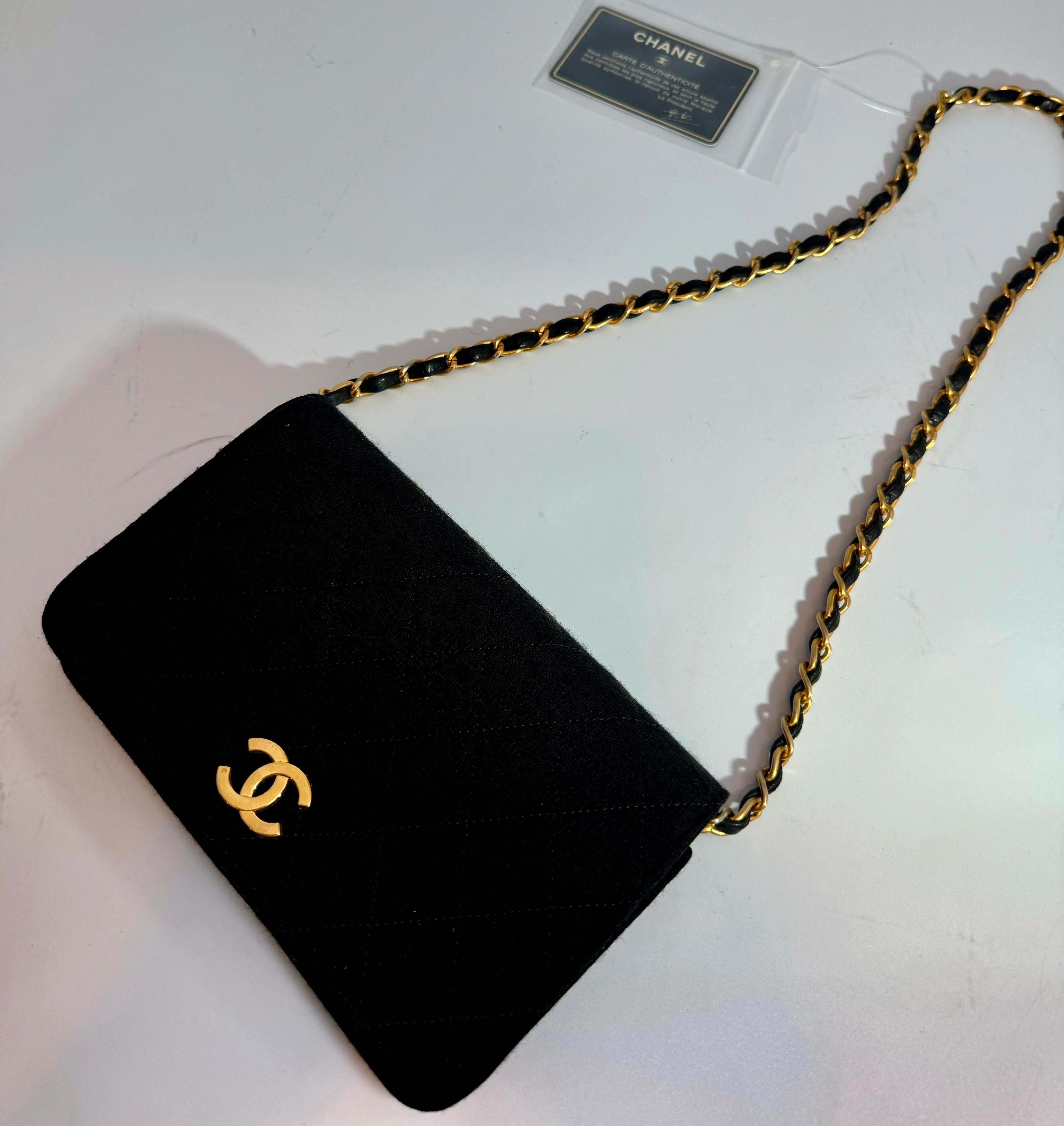 Chanel Quilted Black Fabric Small Bag with Chain Tote, Golden Hardware For Sale 8