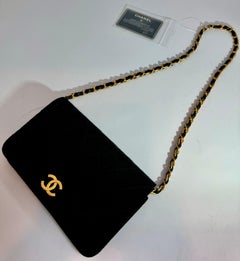 Chanel Quilted Black Fabric Small Bag with Chain Tote, Golden Hardware