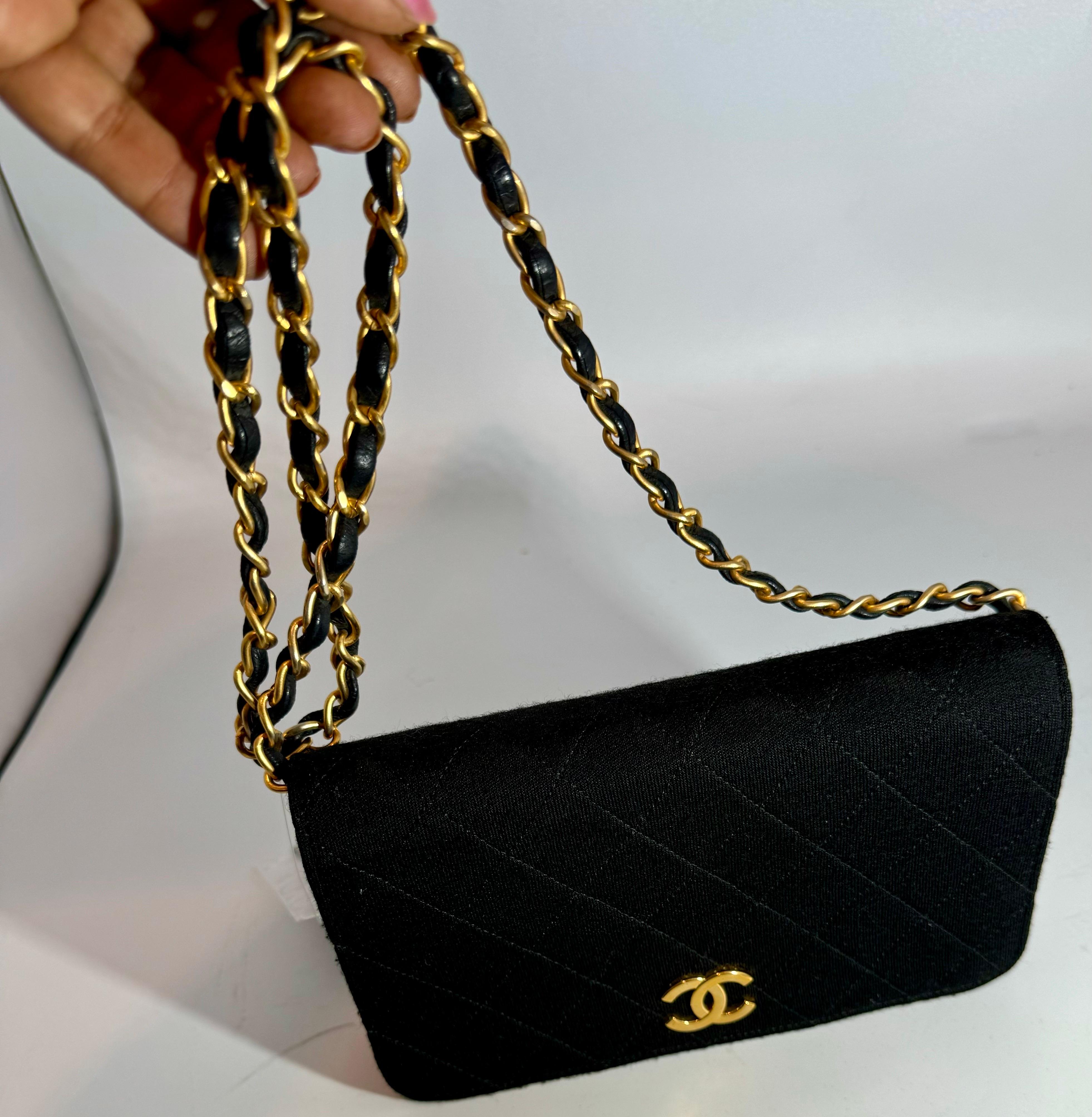 Chanel Quilted Black Fabric Small Bag with Chain Tote, Golden Hardware For Sale 3