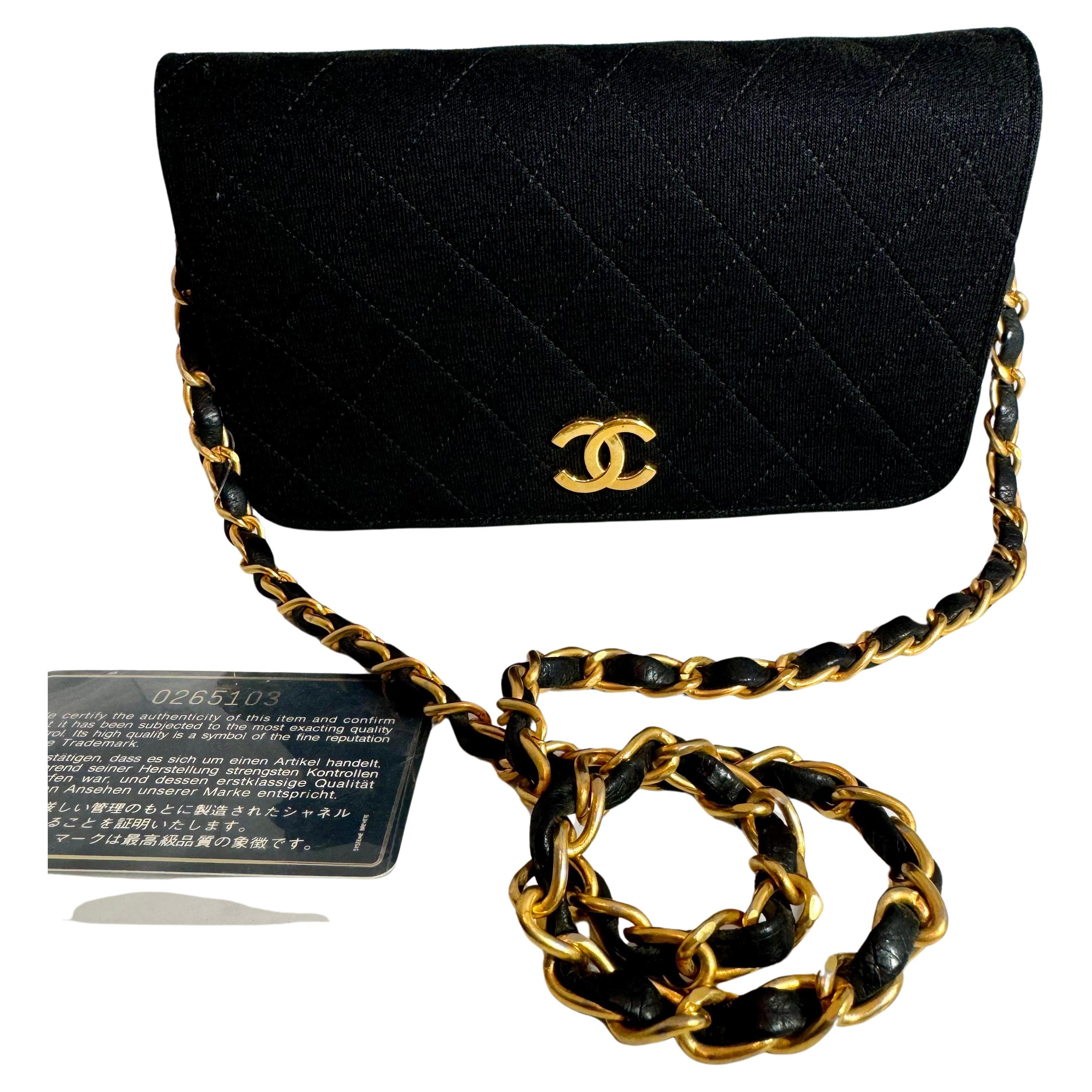 Chanel Quilted Black Fabric Small Bag with Chain Tote, Golden Hardware
