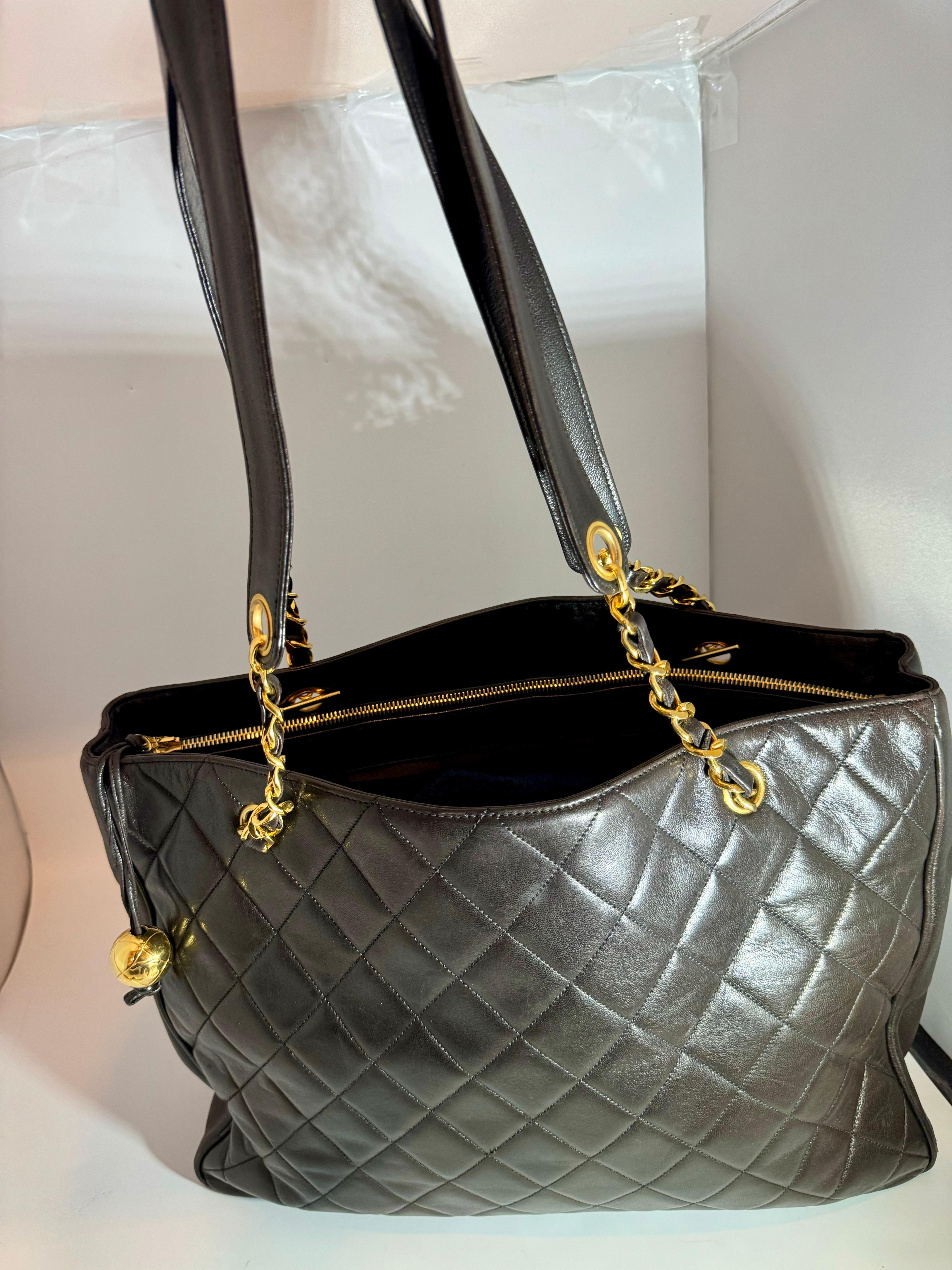 Chanel Quilted Black Lamb Skin Large Grand Shopper Chain Tote, Golden Hardware 1