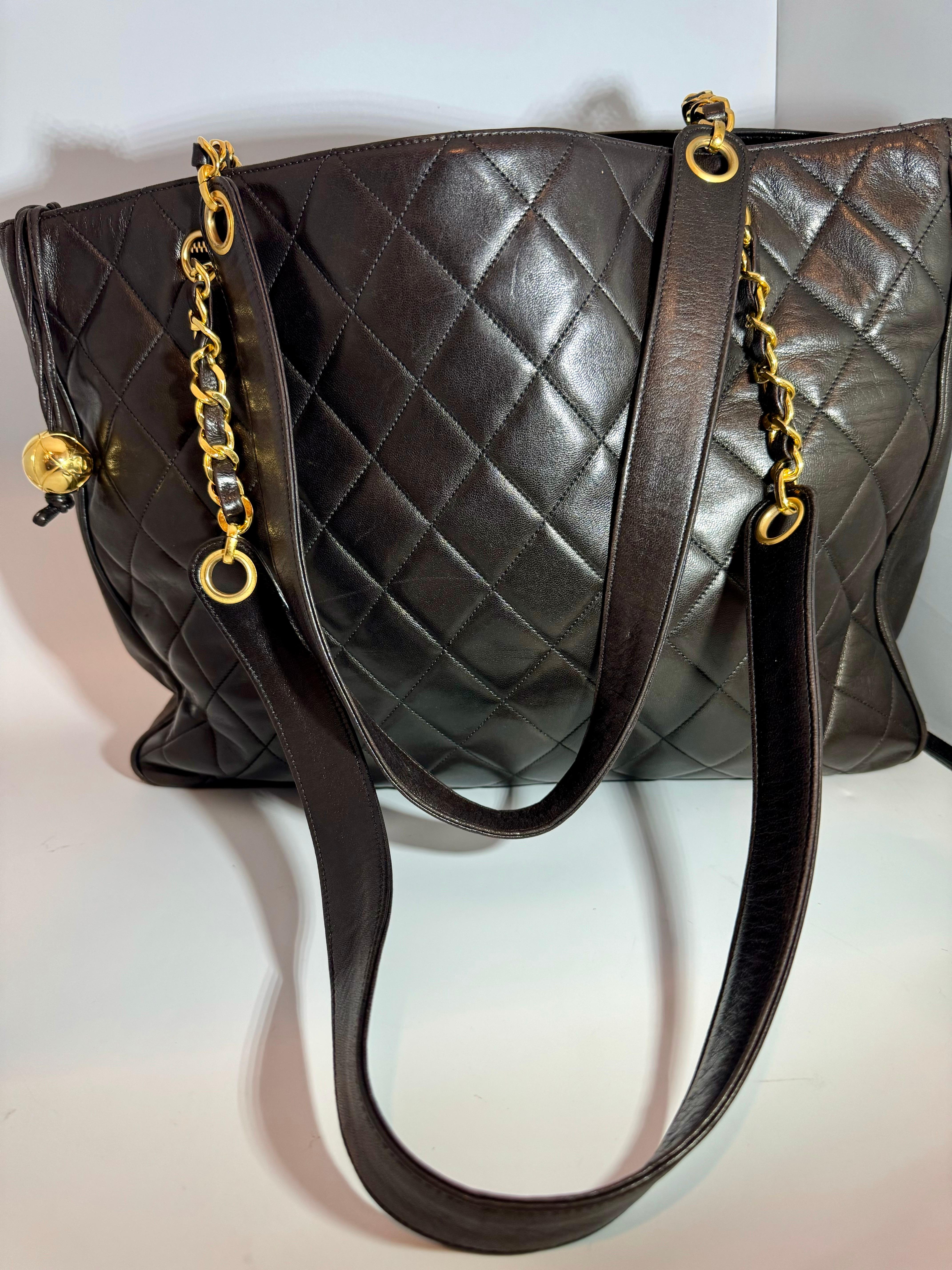 Chanel Quilted Black Lamb Skin Large Grand Shopper Chain Tote, Golden Hardware 2