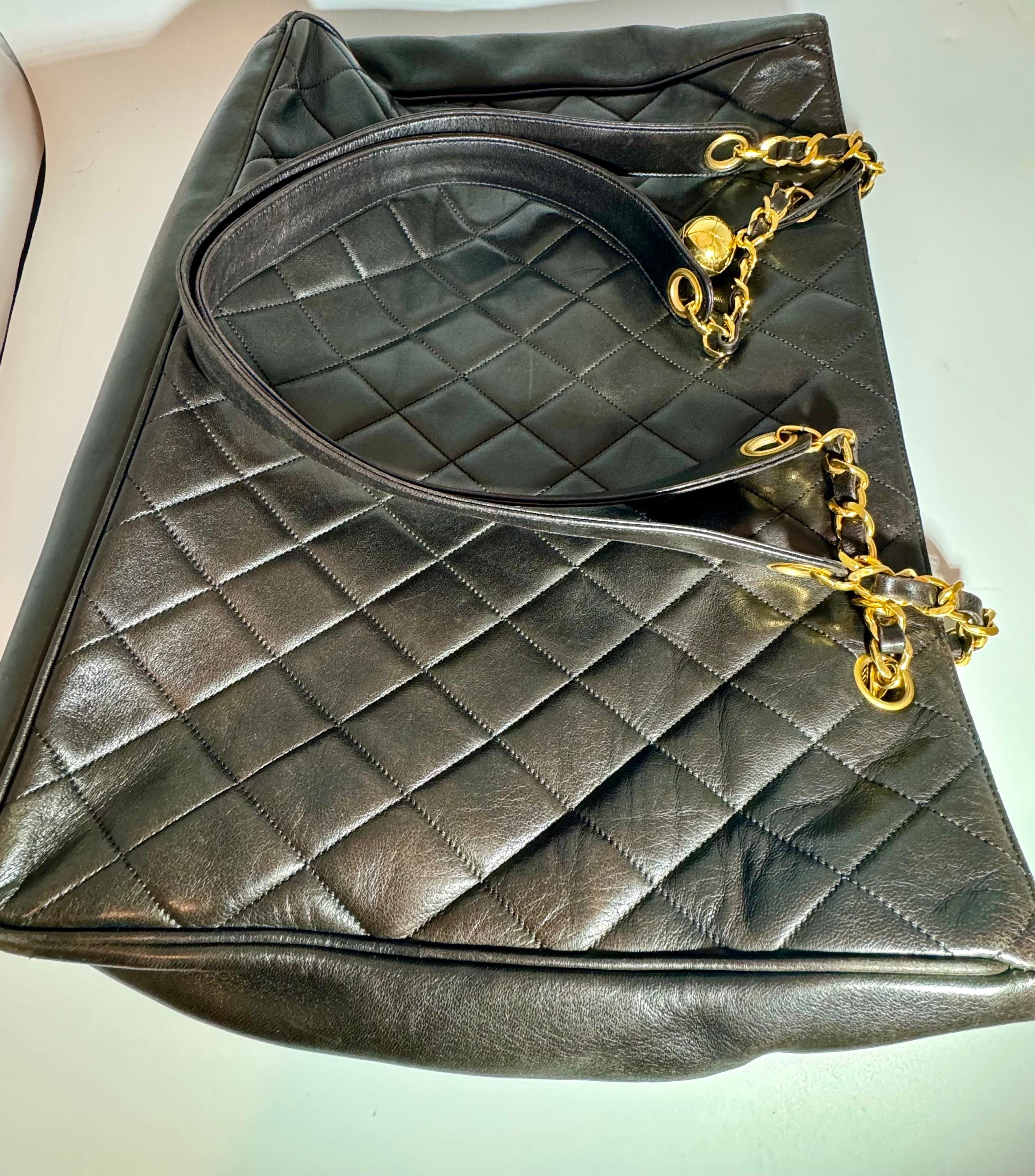 Chanel Quilted Black Lamb Skin Large Grand Shopper Chain Tote, Golden Hardware 4