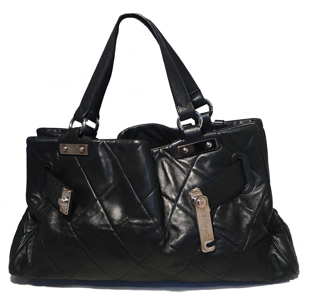 black leather quilted chanel style tote