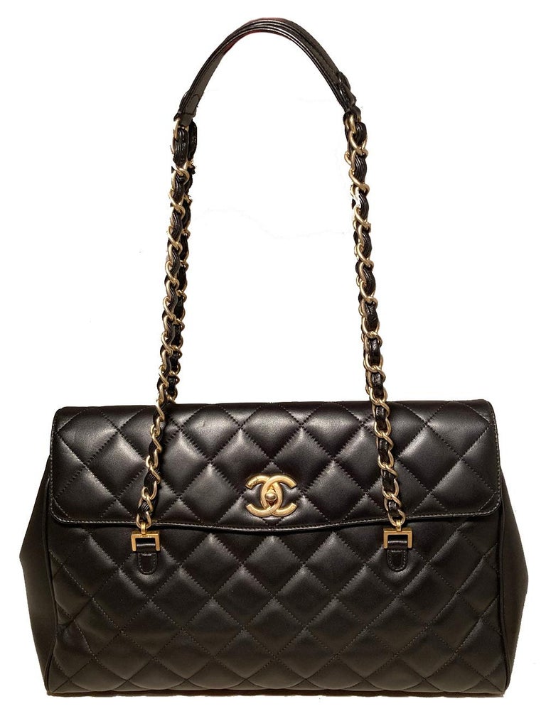 Chanel Quilted Black Leather Top Flap Double Strap Shoulder Bag Tote ...