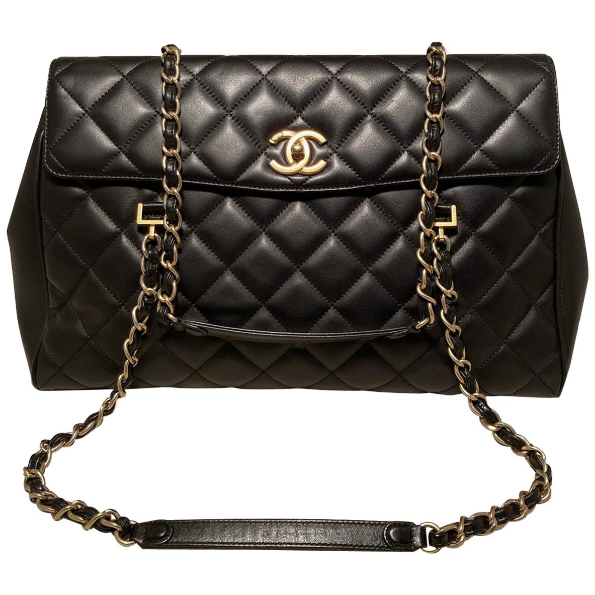 Chanel Quilted Black Leather Top Flap Double Strap Shoulder Bag Tote ...