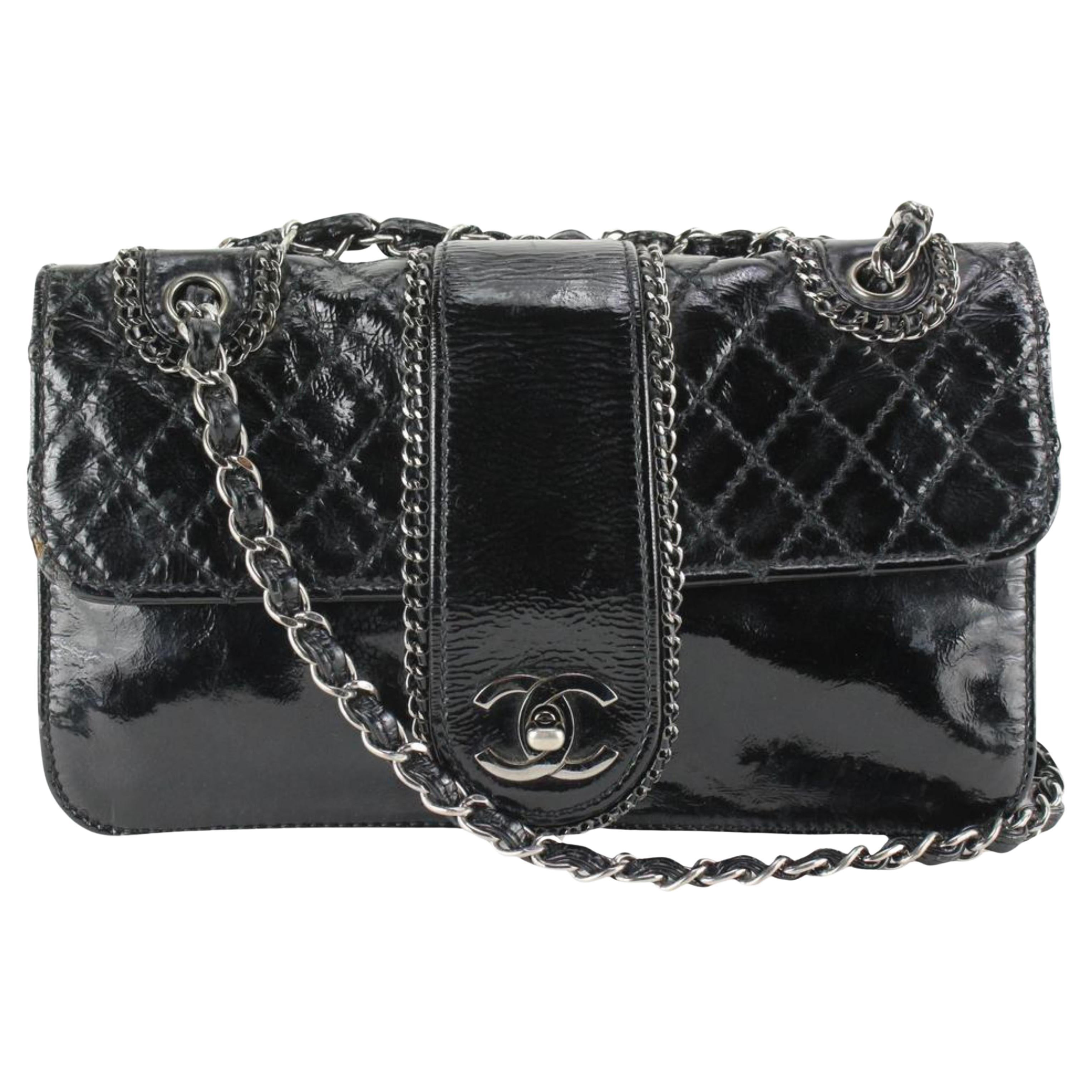 Chanel Quilted Black Patent Chain Around Medium Flap 18cc830s