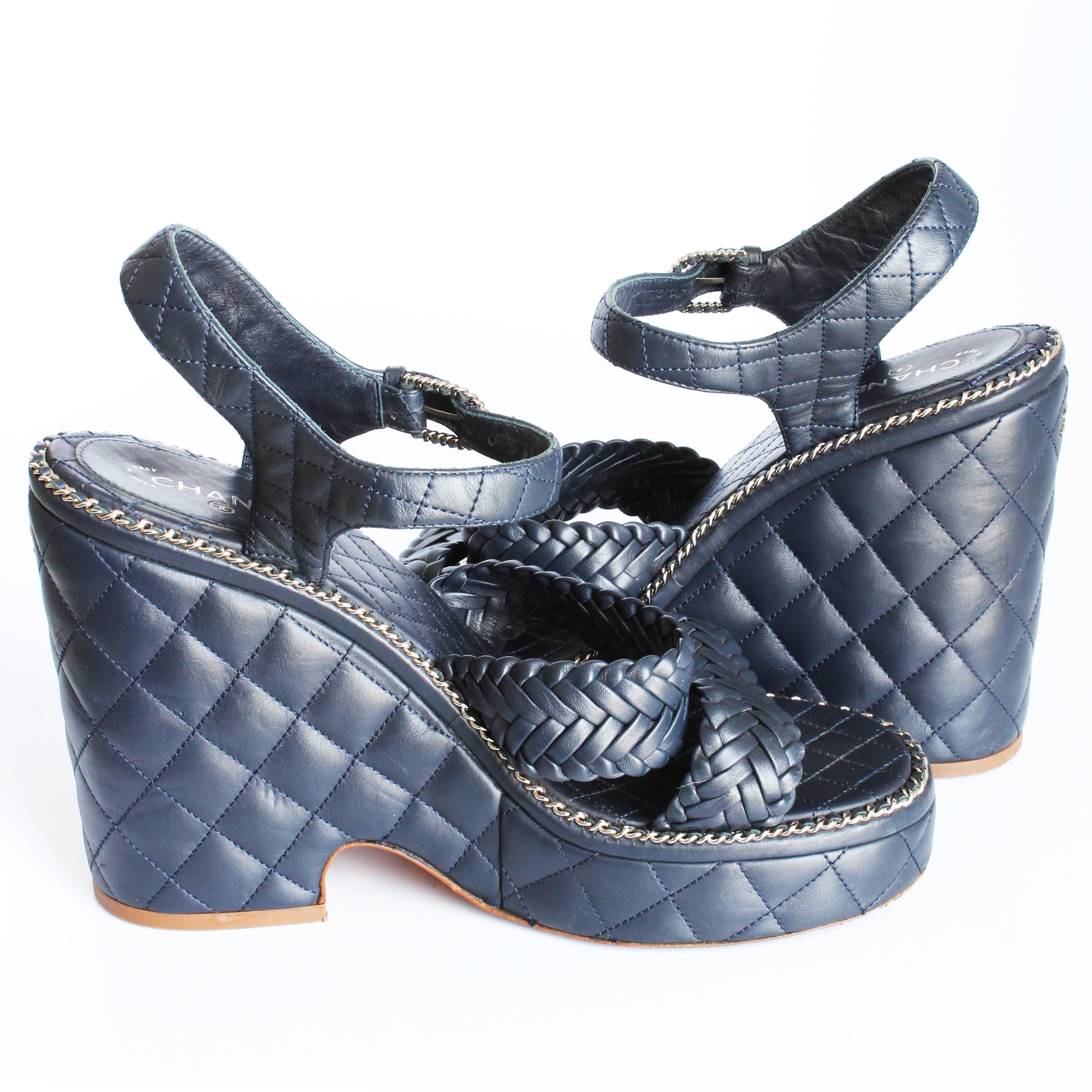 Chanel Quilted Calfskin Chain Around Sandals Platform Heels Navy 2015 Sz 40.5 1