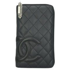 Chanel Gesteppt Cambon Große lange Brieftasche mit Reißverschluss aus schwarzem Kalbsleder Silber Hardware 2011