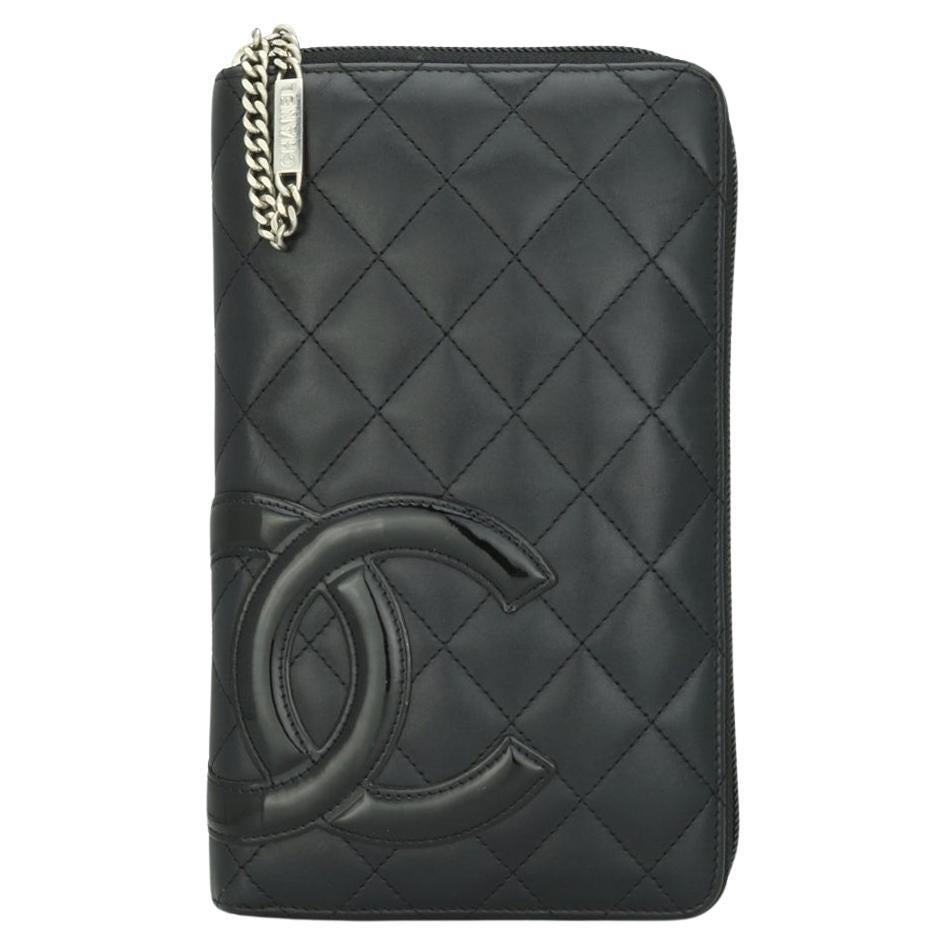 Chanel Gesteppt Cambon Große lange Brieftasche mit Reißverschluss aus schwarzem Kalbsleder Silber Hardware 2013 im Angebot