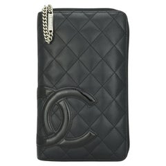 Chanel Gesteppt Cambon Große lange Brieftasche mit Reißverschluss aus schwarzem Kalbsleder Silber Hardware 2013