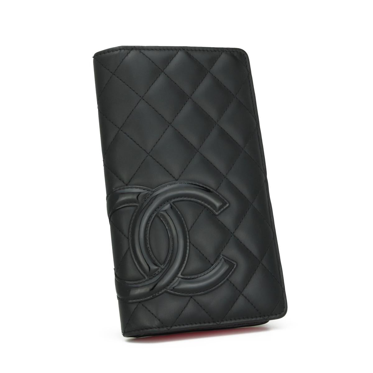 Women's or Men's Chanel Quilted Cambon Long Flap Wallet Black Calfskin with Silver Hardware 2014 For Sale