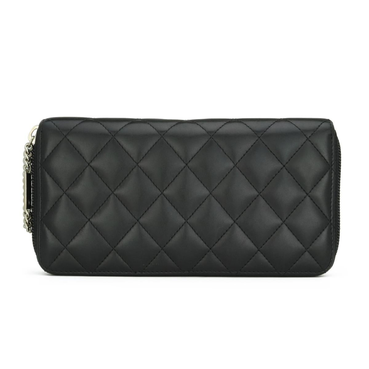 Chanel Quilted Cambon Long Zip Wallet Black Calfskin with Silver Hardware 2012 In Good Condition For Sale In Huddersfield, GB