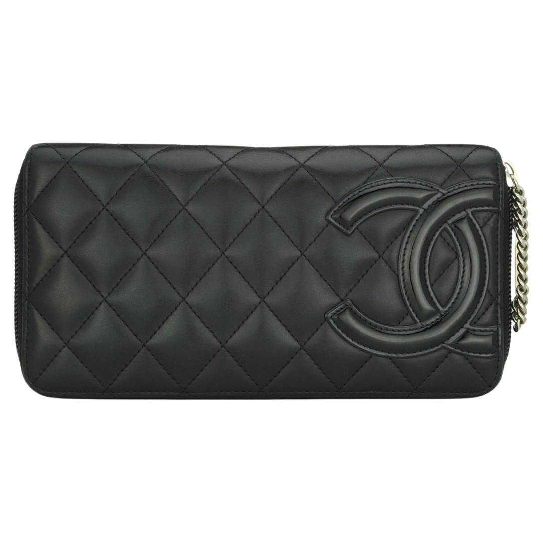 Chanel Quilted Cambon Long Zip Wallet Black Calfskin with Silver Hardware 2012 For Sale