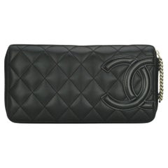 Chanel Quilted Cambon Long Zip Wallet Black Calfskin with Silver Hardware 2012