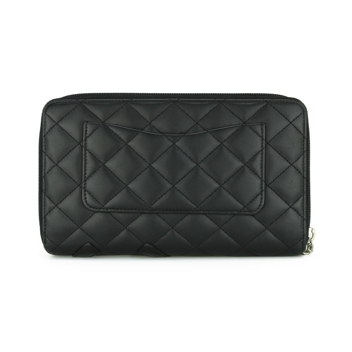 Women's or Men's Chanel Quilted Cambon Long Zip Wallet Black Calfskin with Silver Hardware 2013 For Sale